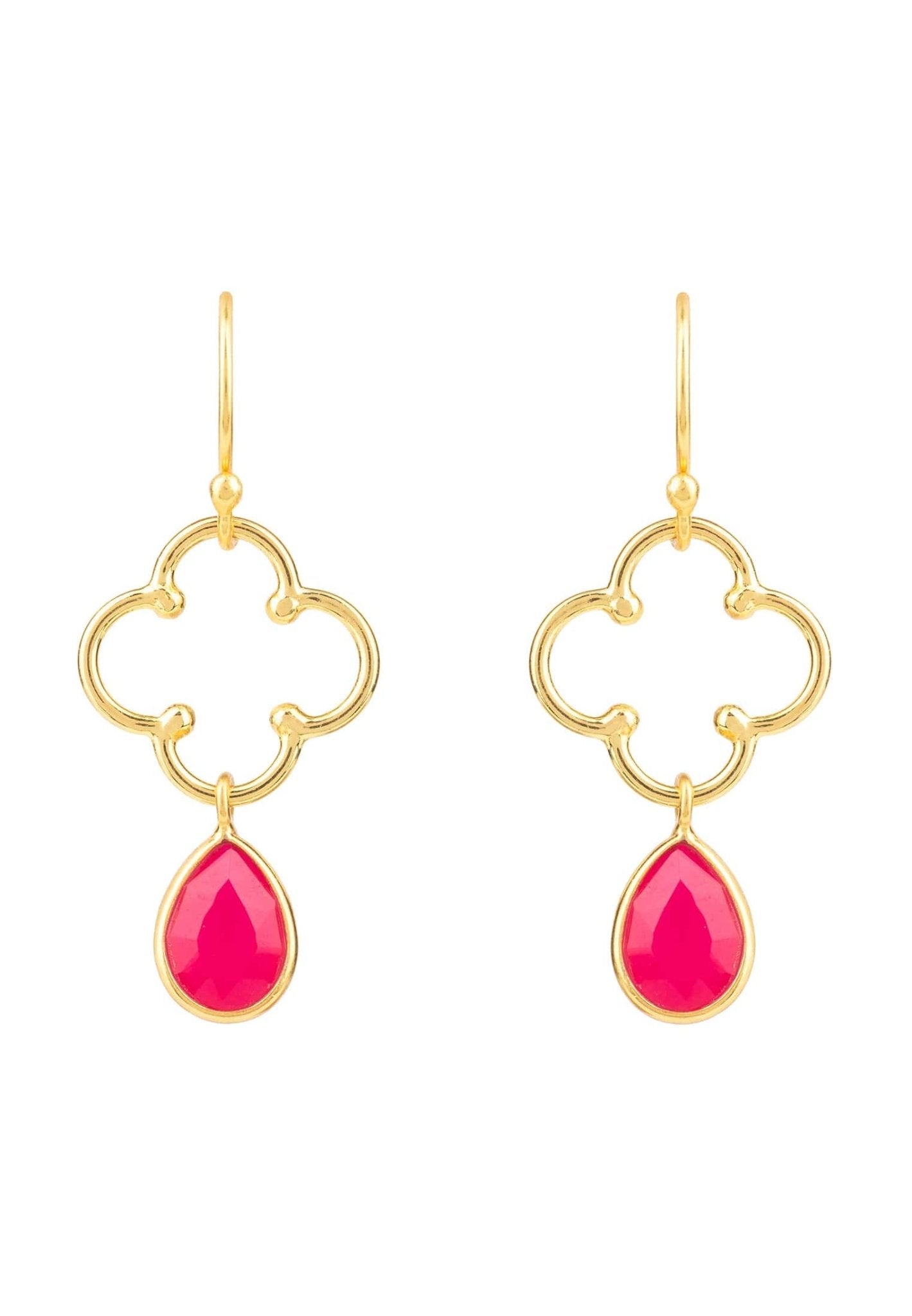Open Clover Gemstone Drop Earrings Gold Fuchsia Pink Chalcedony - LATELITA Earrings