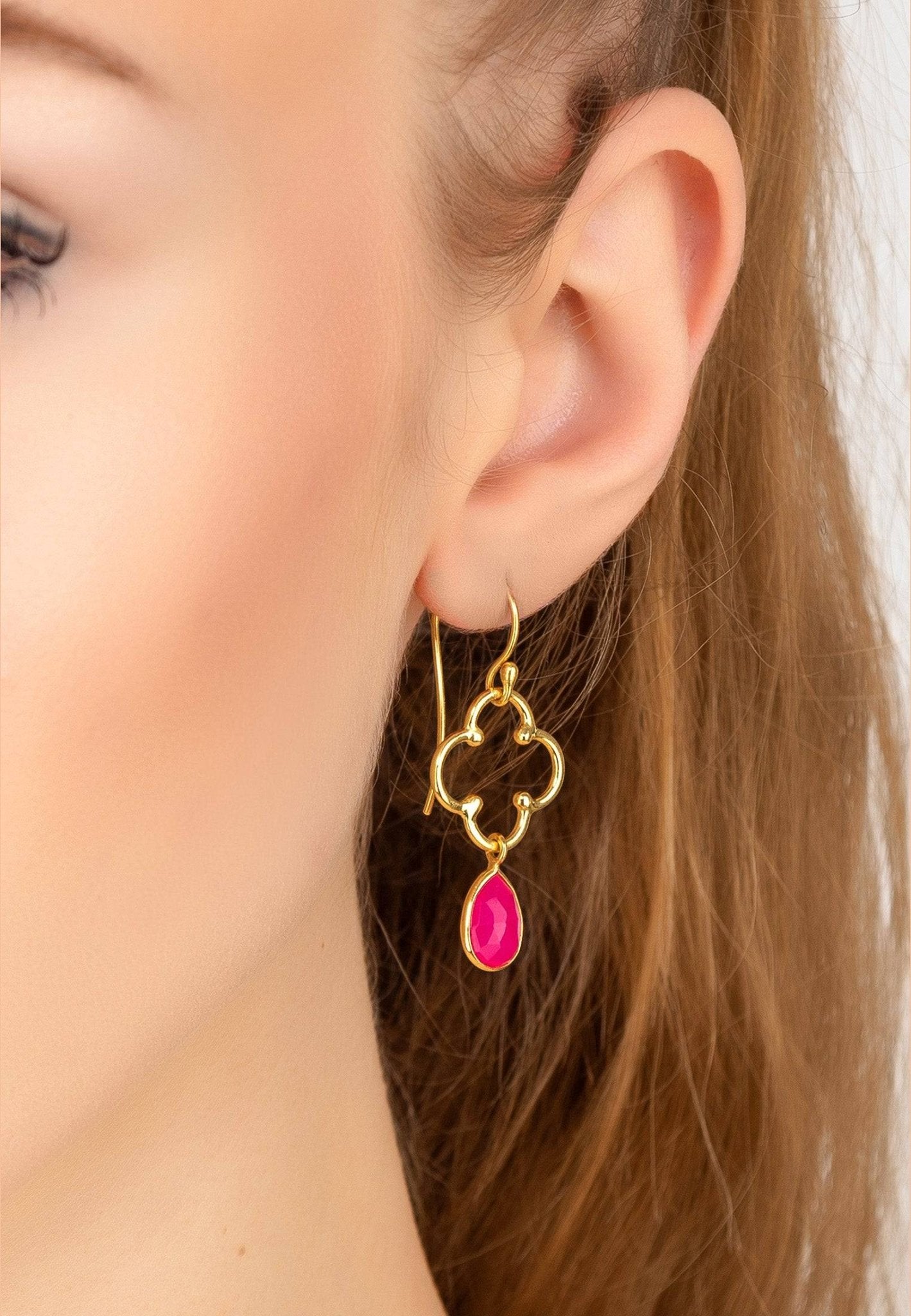 Open Clover Gemstone Drop Earrings Gold Fuchsia Pink Chalcedony - LATELITA Earrings