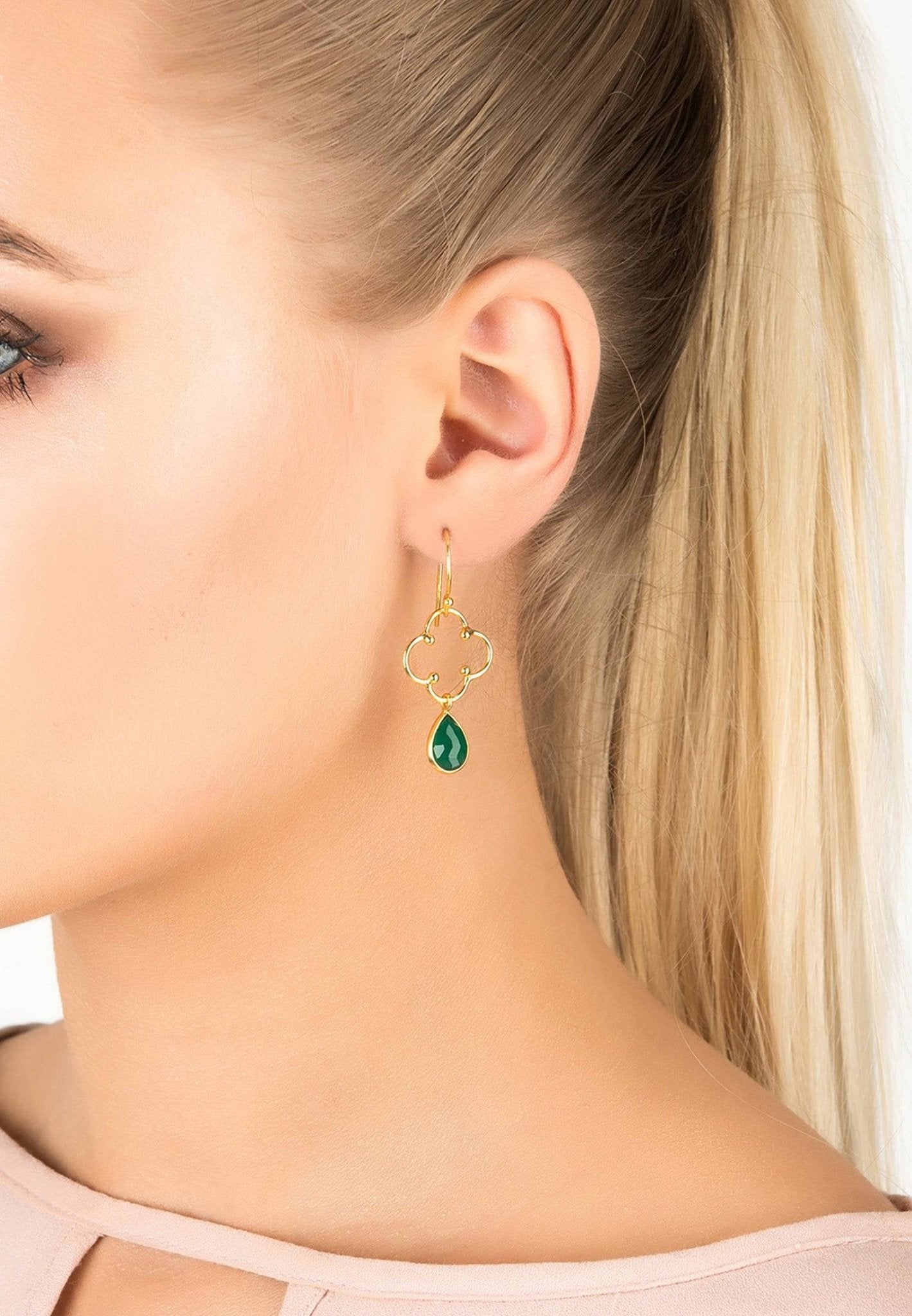 Open Clover Gemstone Drop Earrings Gold Green Onyx - LATELITA Earrings
