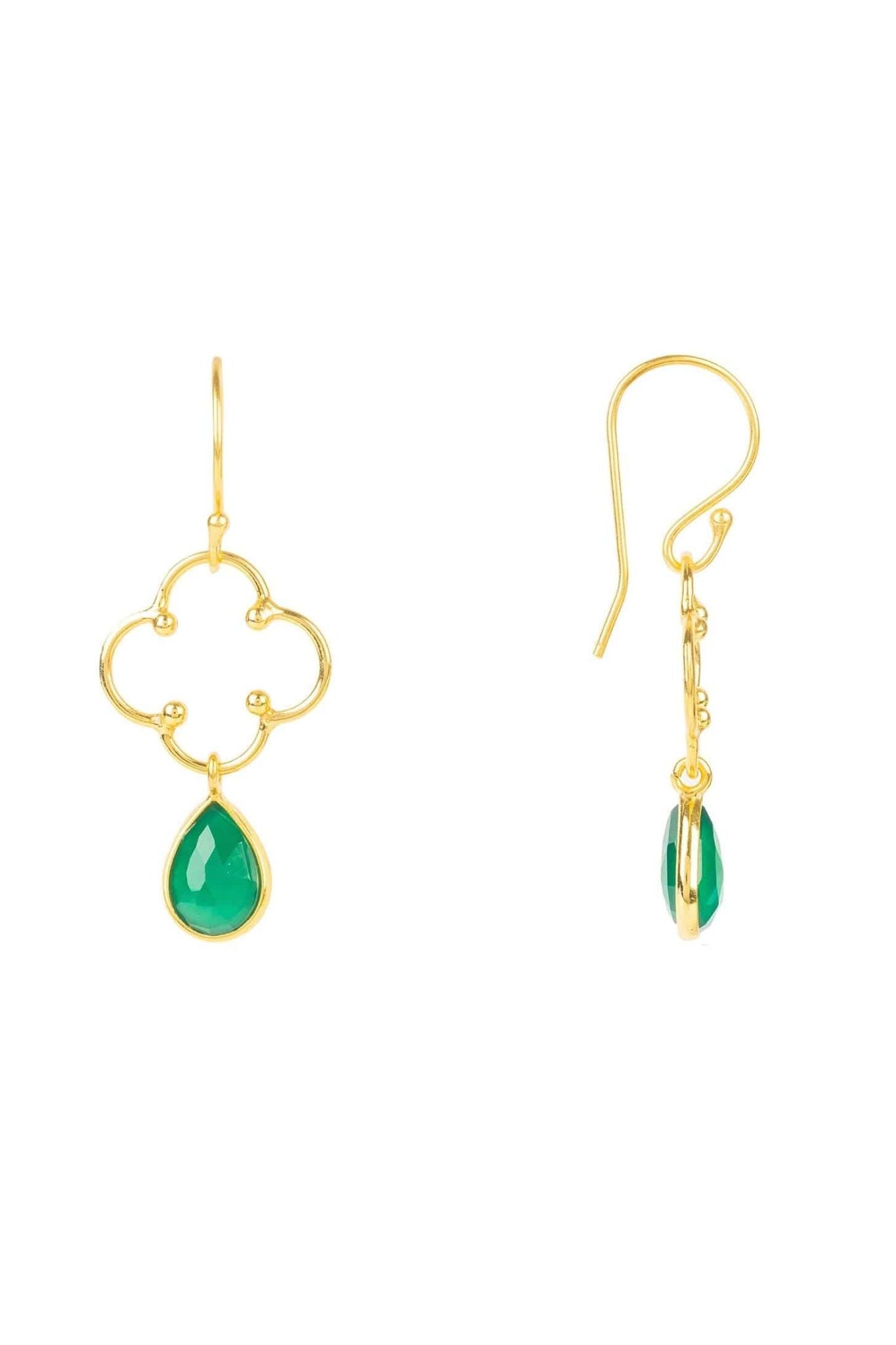 Open Clover Gemstone Drop Earrings Gold Green Onyx - LATELITA Earrings