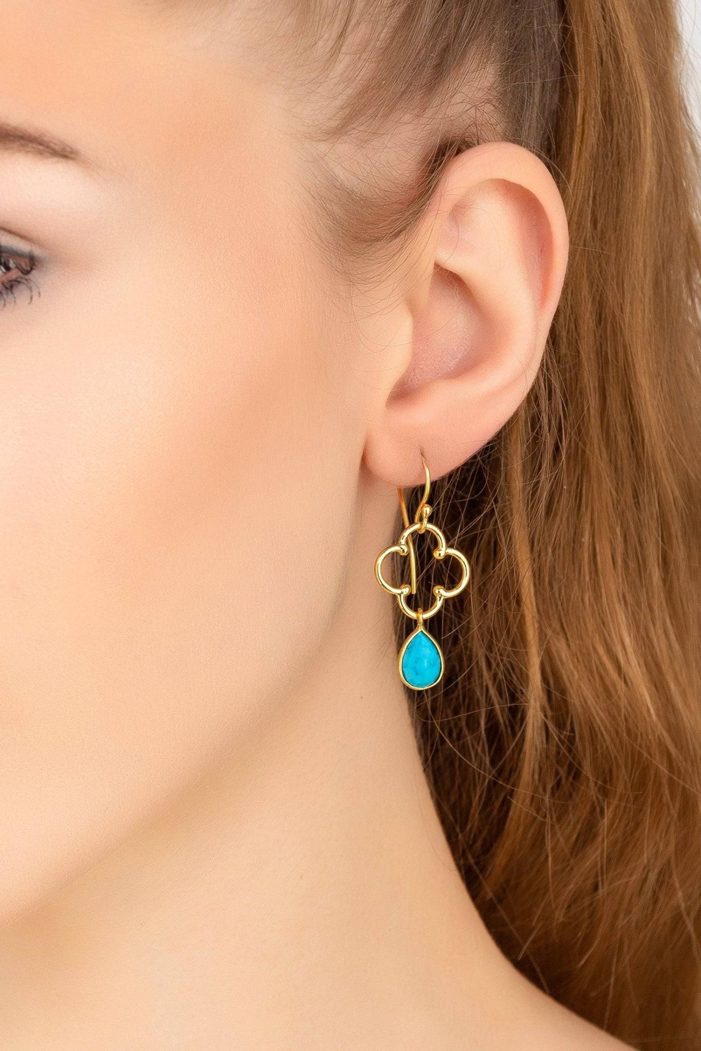 Open Clover Gemstone Drop Earrings Gold Turquoise - LATELITA Earrings