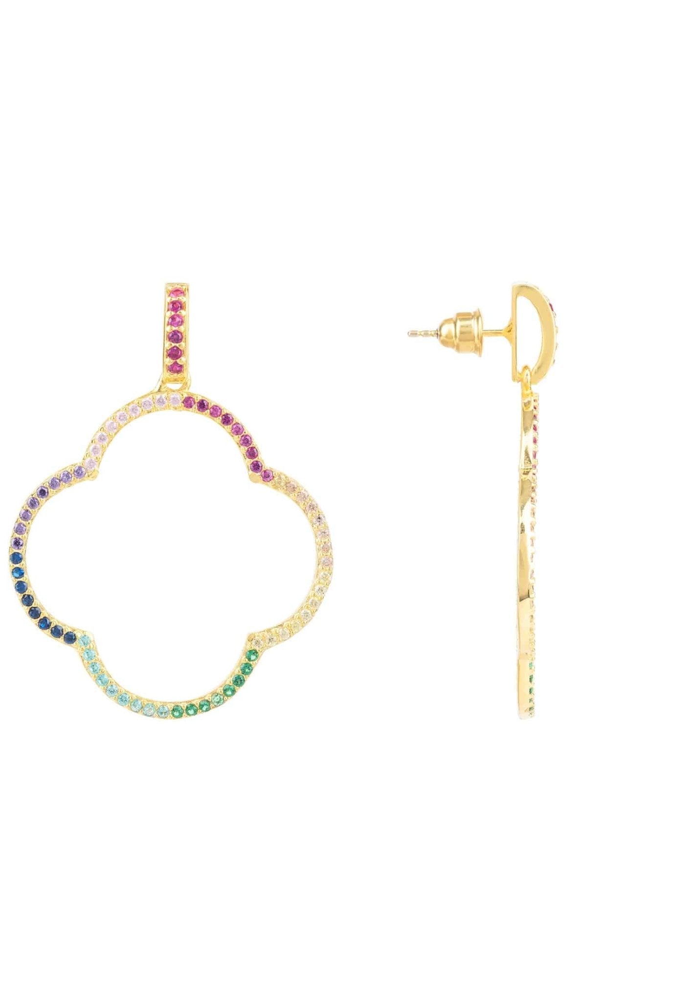 Open Clover Large Drop Earrings Gold Rainbow Cz - LATELITA Earrings