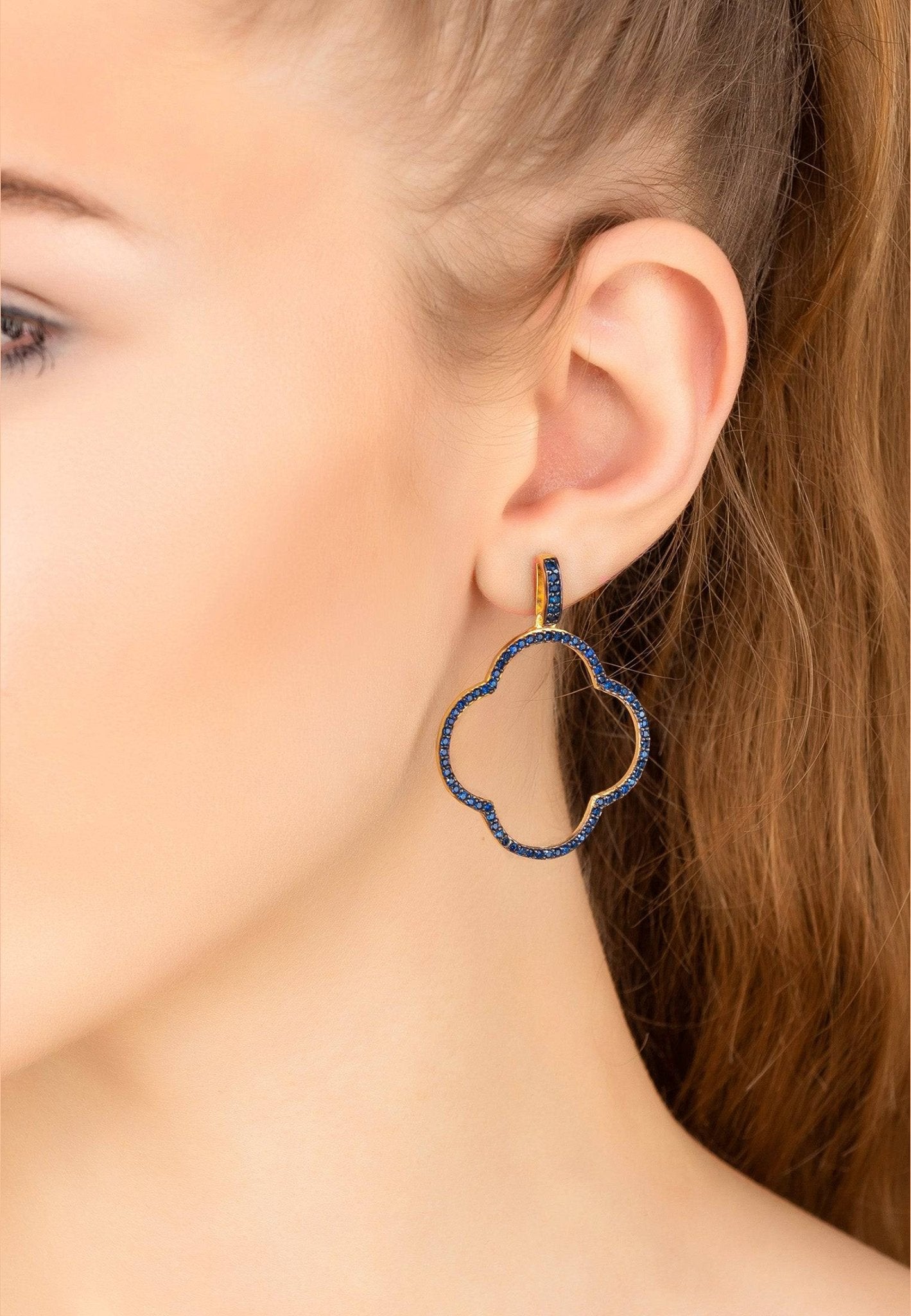 Open Clover Large Drop Earrings Gold Sapphire Blue Cz - LATELITA Earrings