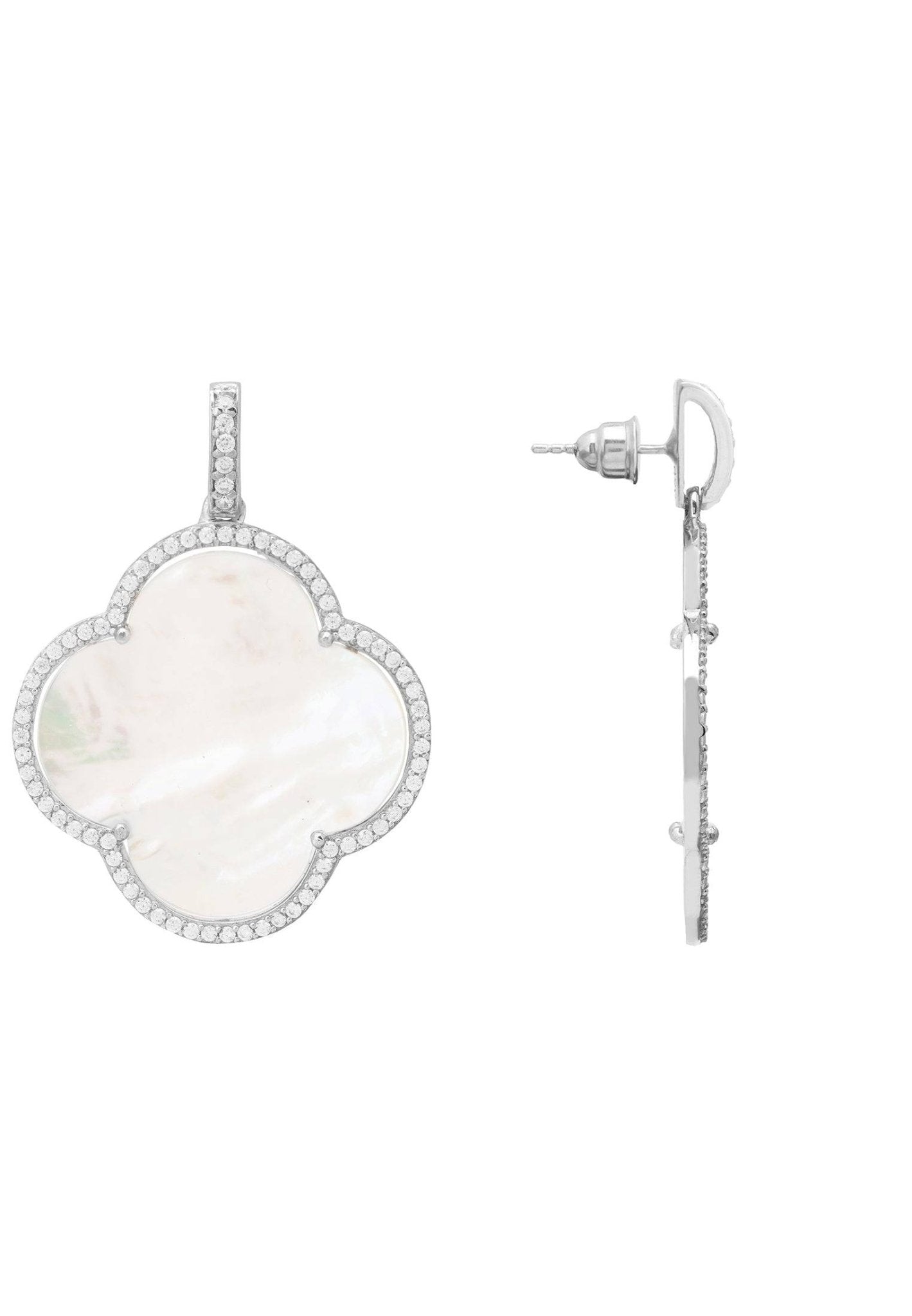 Open Clover Large Mother Of Pearl Gemstone Earrings Silver - LATELITA Earrings