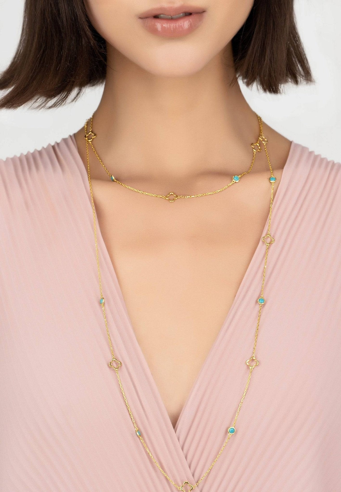 Open Clover Long Gemstone Necklace Gold Turquoise - LATELITA Necklaces