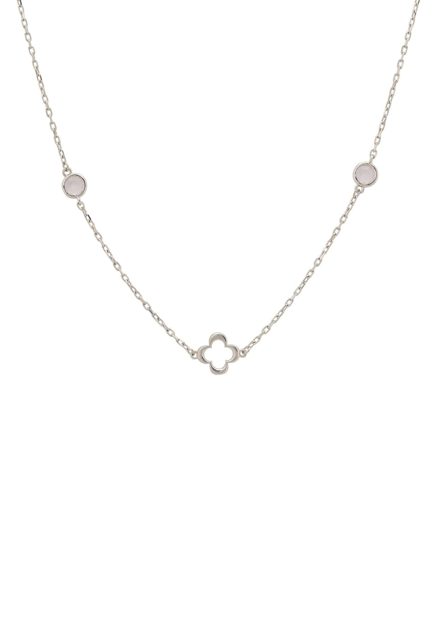 Open Clover Long Gemstone Necklace Silver Rose Quartz - LATELITA Necklaces