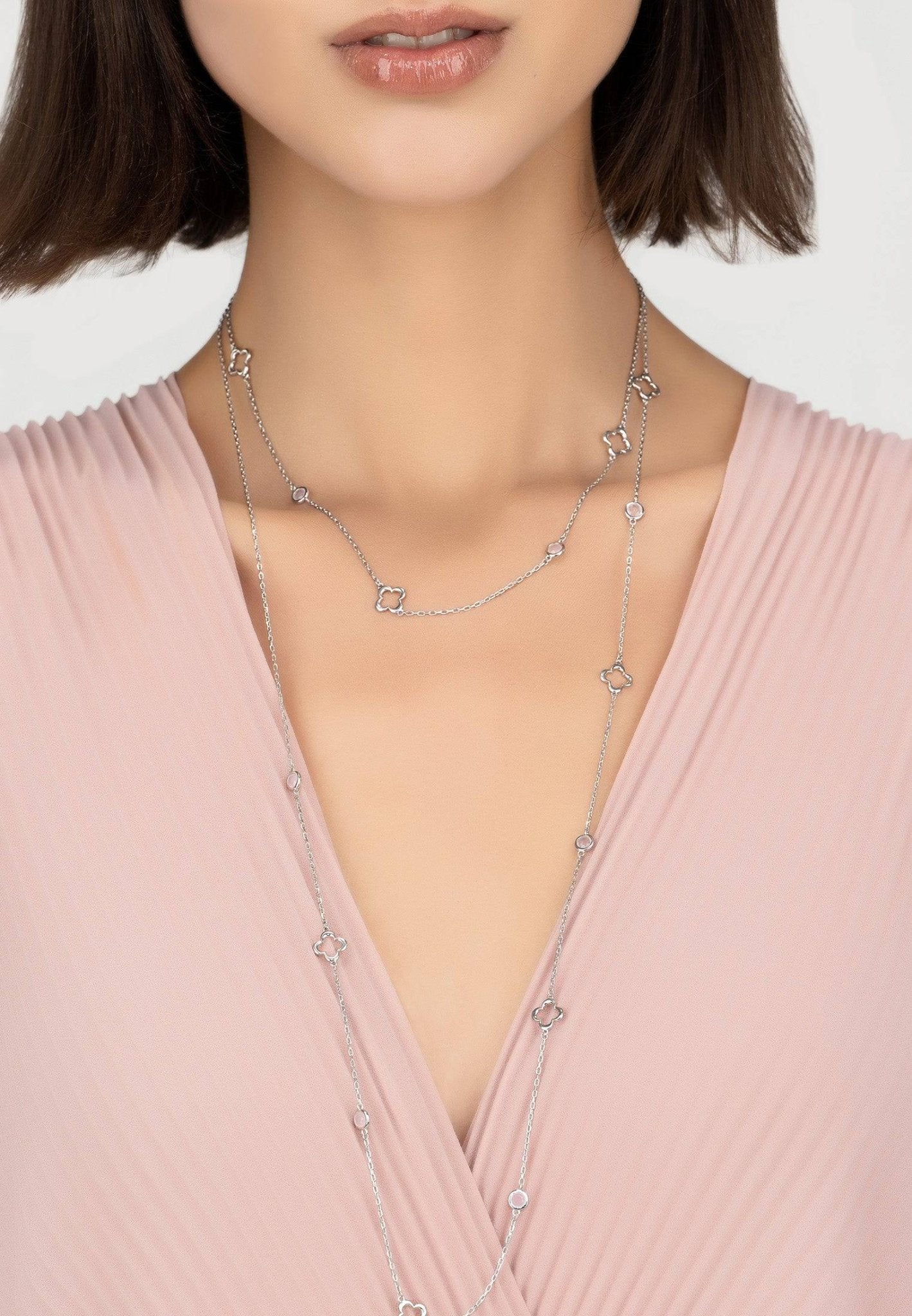 Open Clover Long Gemstone Necklace Silver Rose Quartz - LATELITA Necklaces