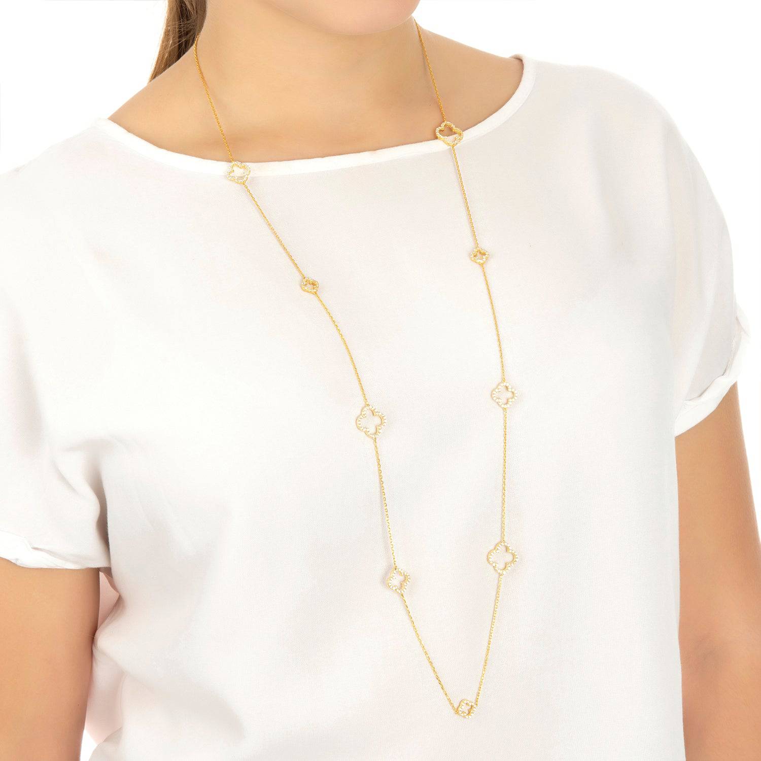 Open Clover Long White Cz Necklace Gold - LATELITA Necklaces