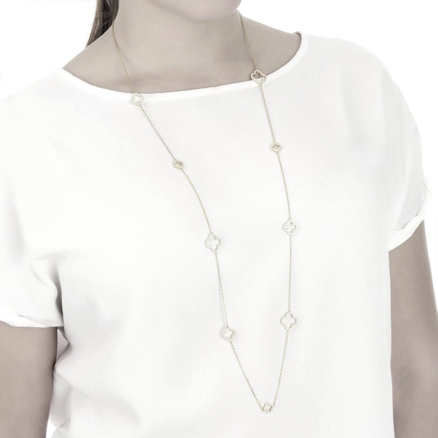 Open Clover Long White Cz Necklace Silver - LATELITA Necklaces