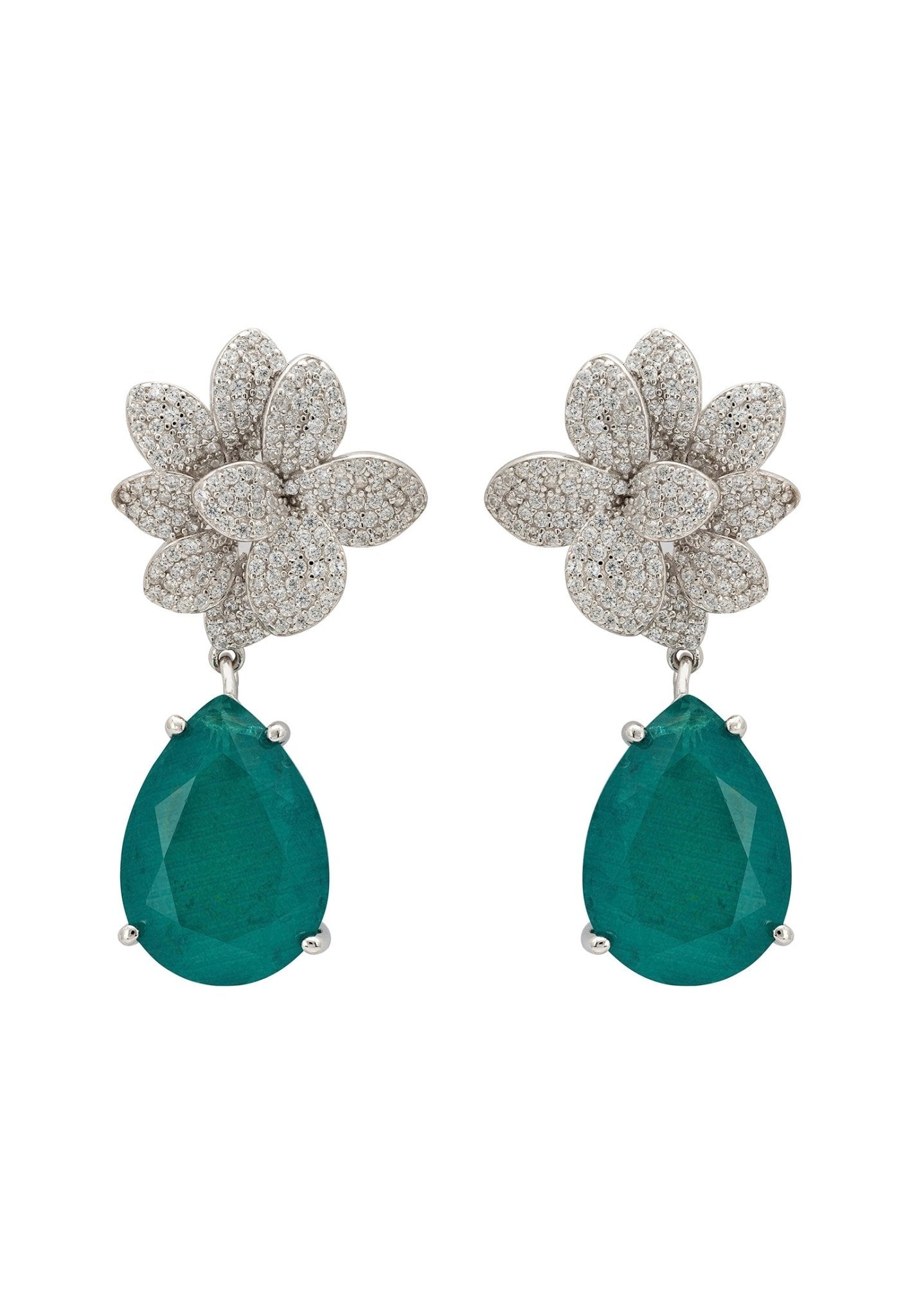 Orchid Flower Teardrop Colombian Emerald Earrings Silver - LATELITA Earrings