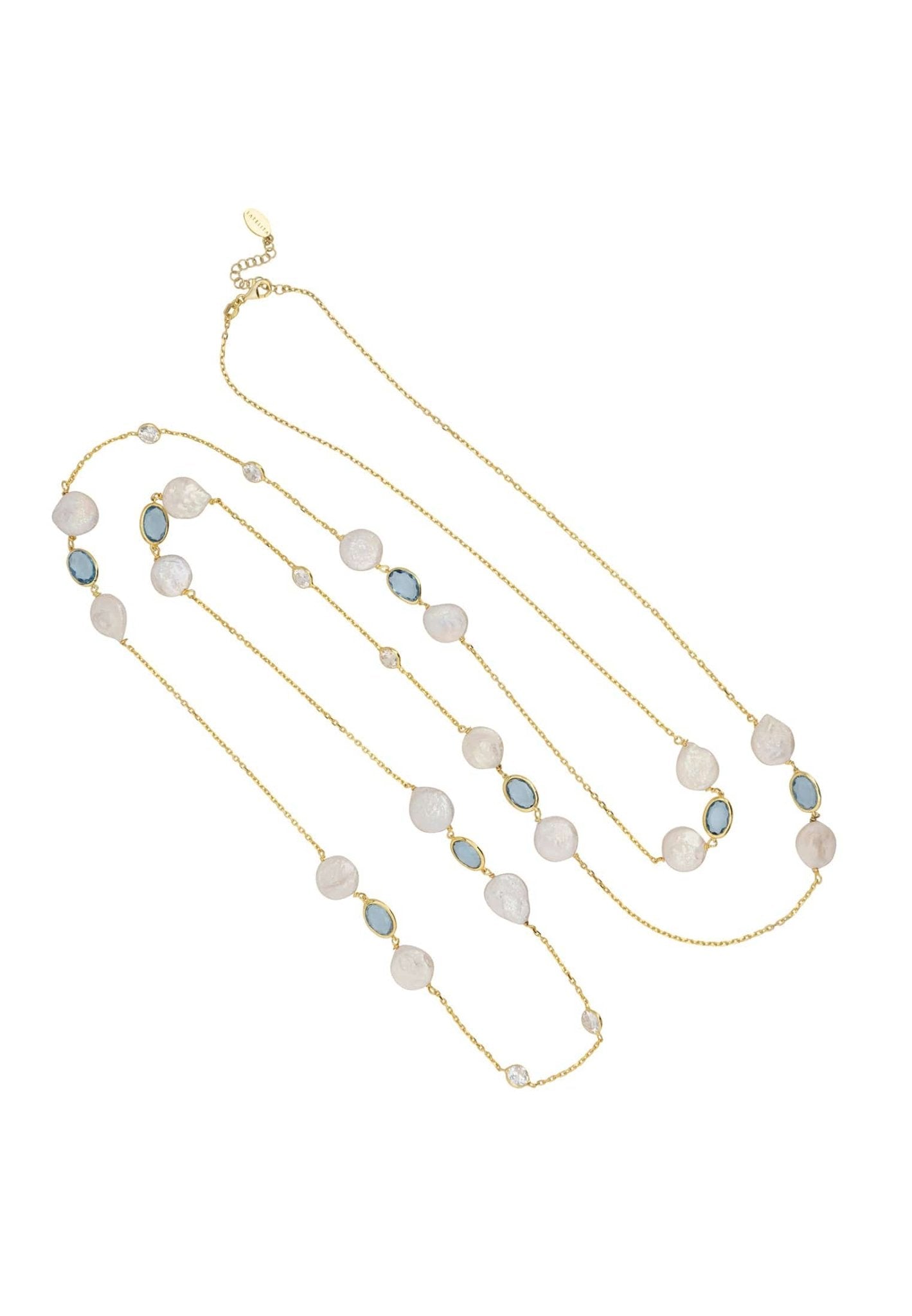 Pavia 120cm Long Pearl Necklace Gold Blue Topaz - LATELITA Necklaces
