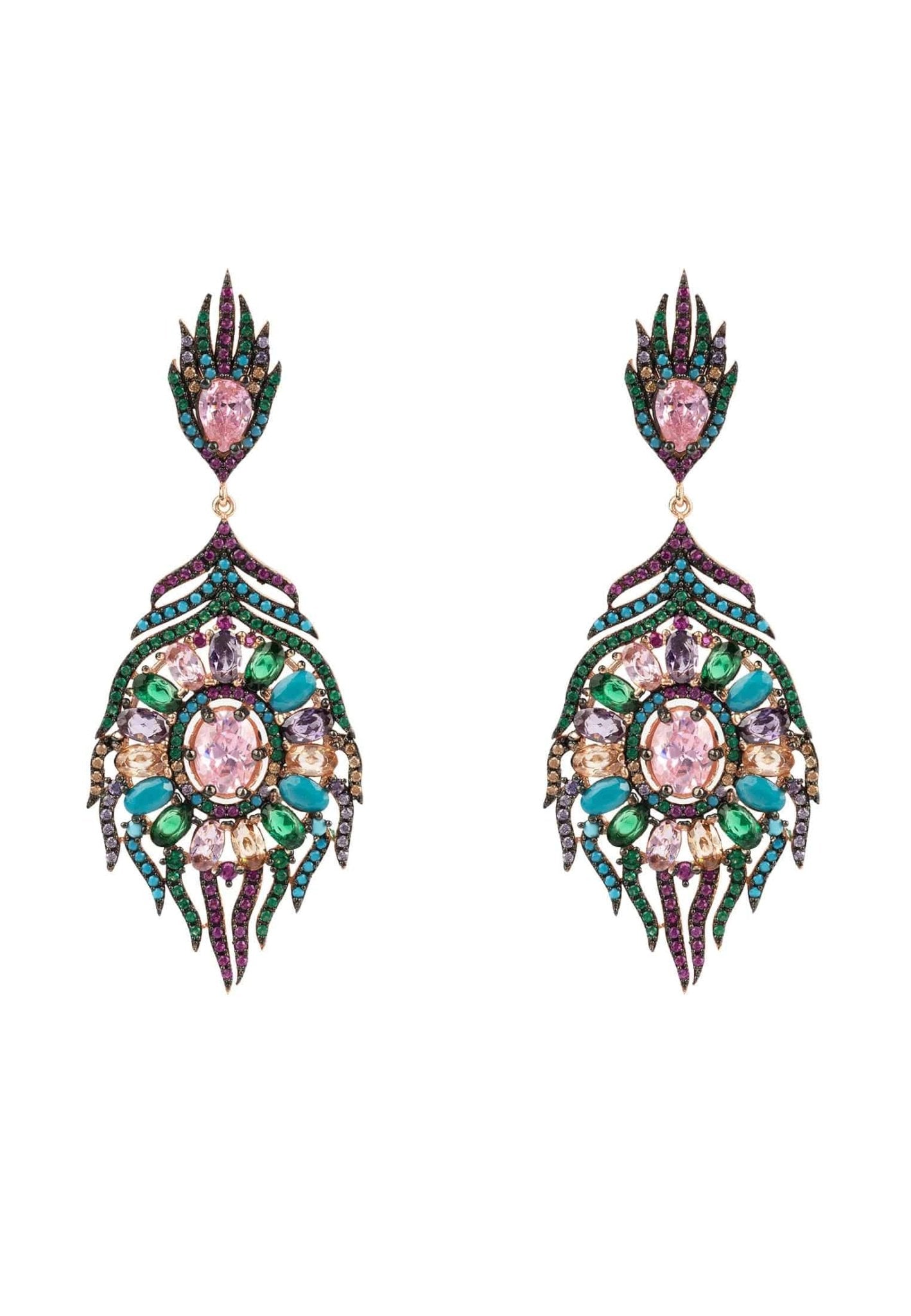 Peacock Colourful Feather Gemstone Earrings Rose Gold - LATELITA Earrings