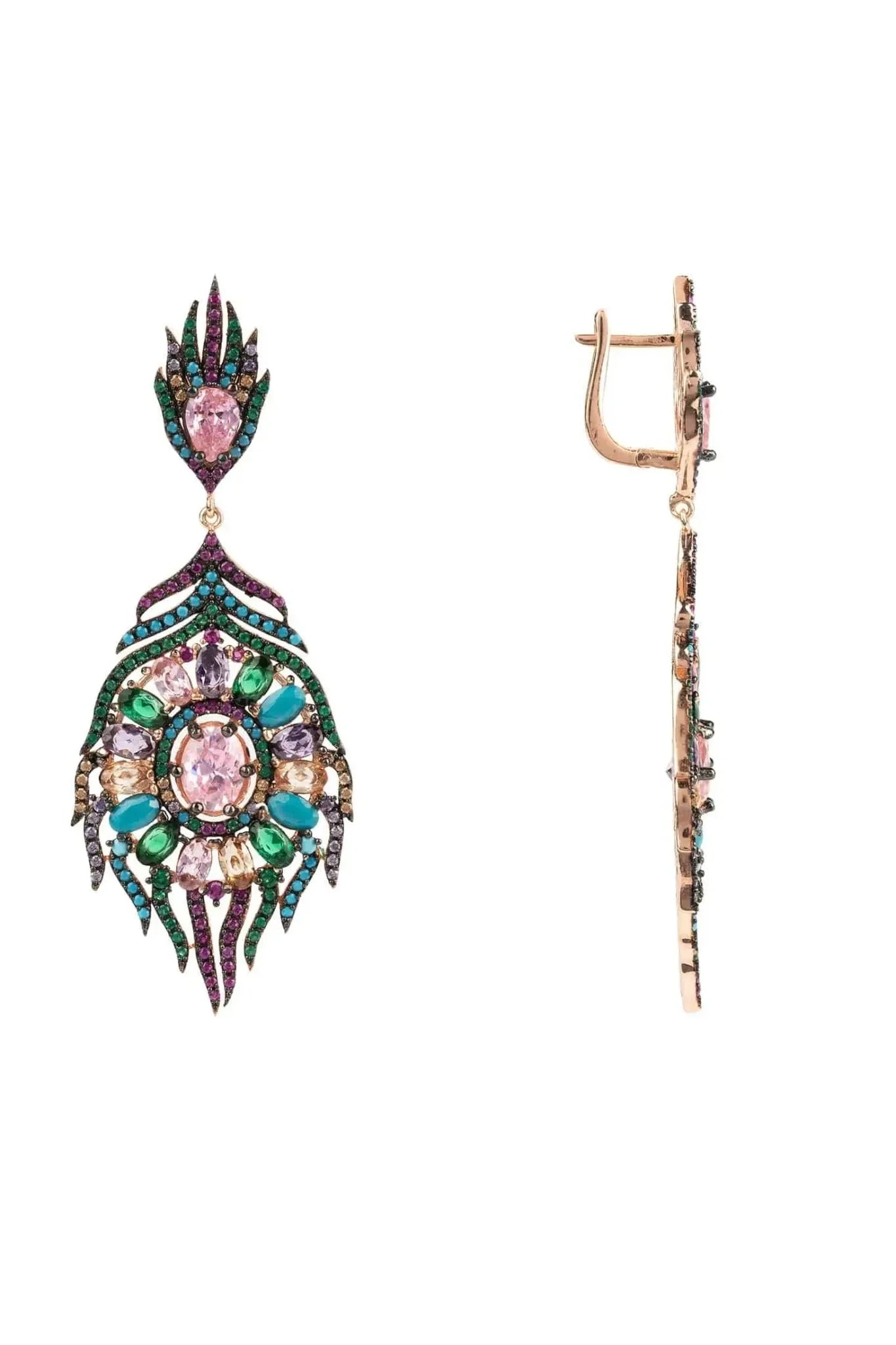 Peacock Colourful Feather Gemstone Earrings Rose Gold - LATELITA Earrings