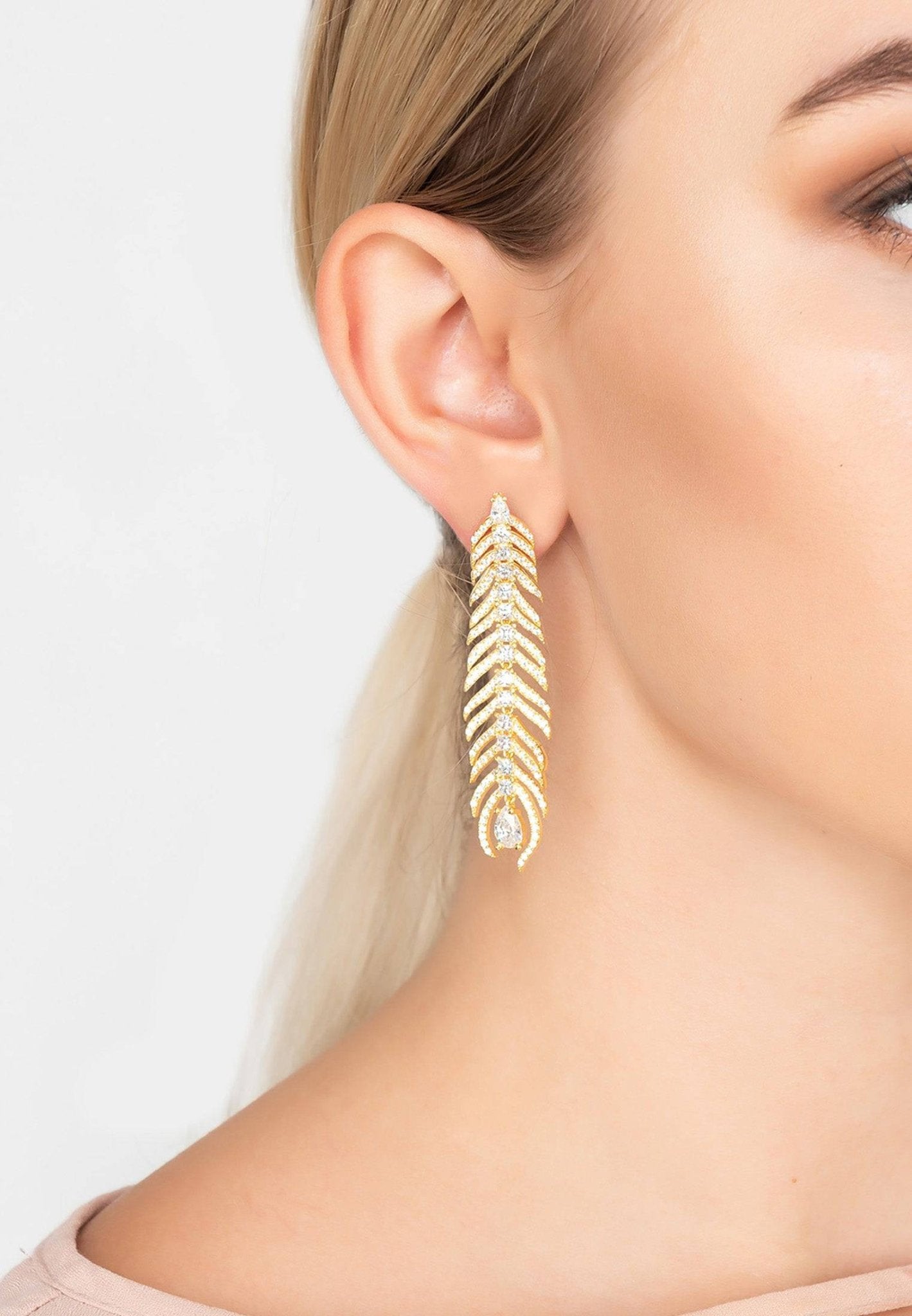 Peacock Feather Elongated Drop Earrings Gold - LATELITA Earrings
