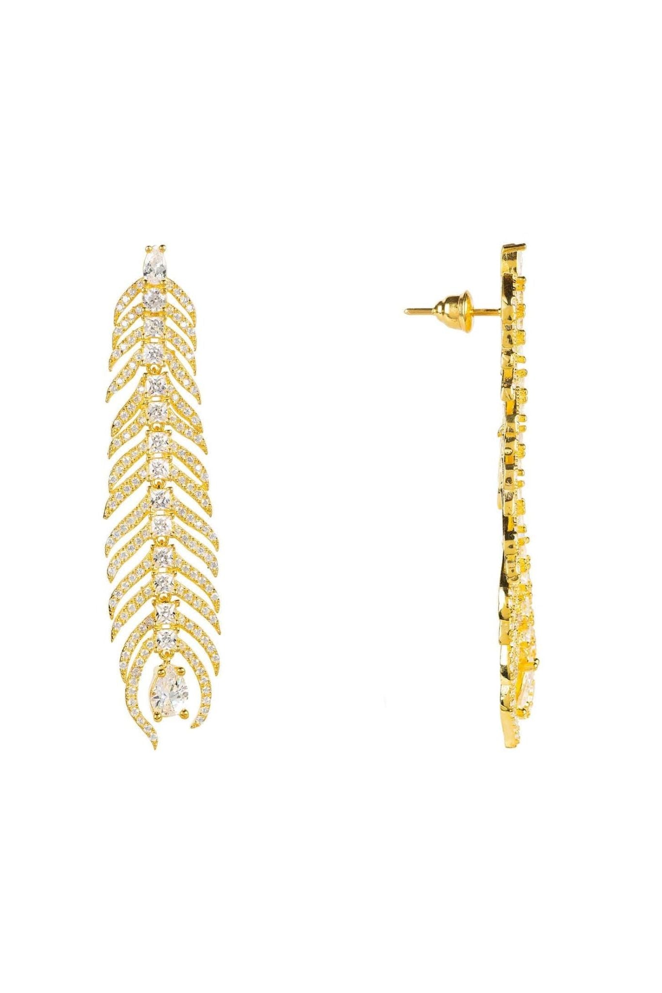 Peacock Feather Elongated Drop Earrings Gold - LATELITA Earrings