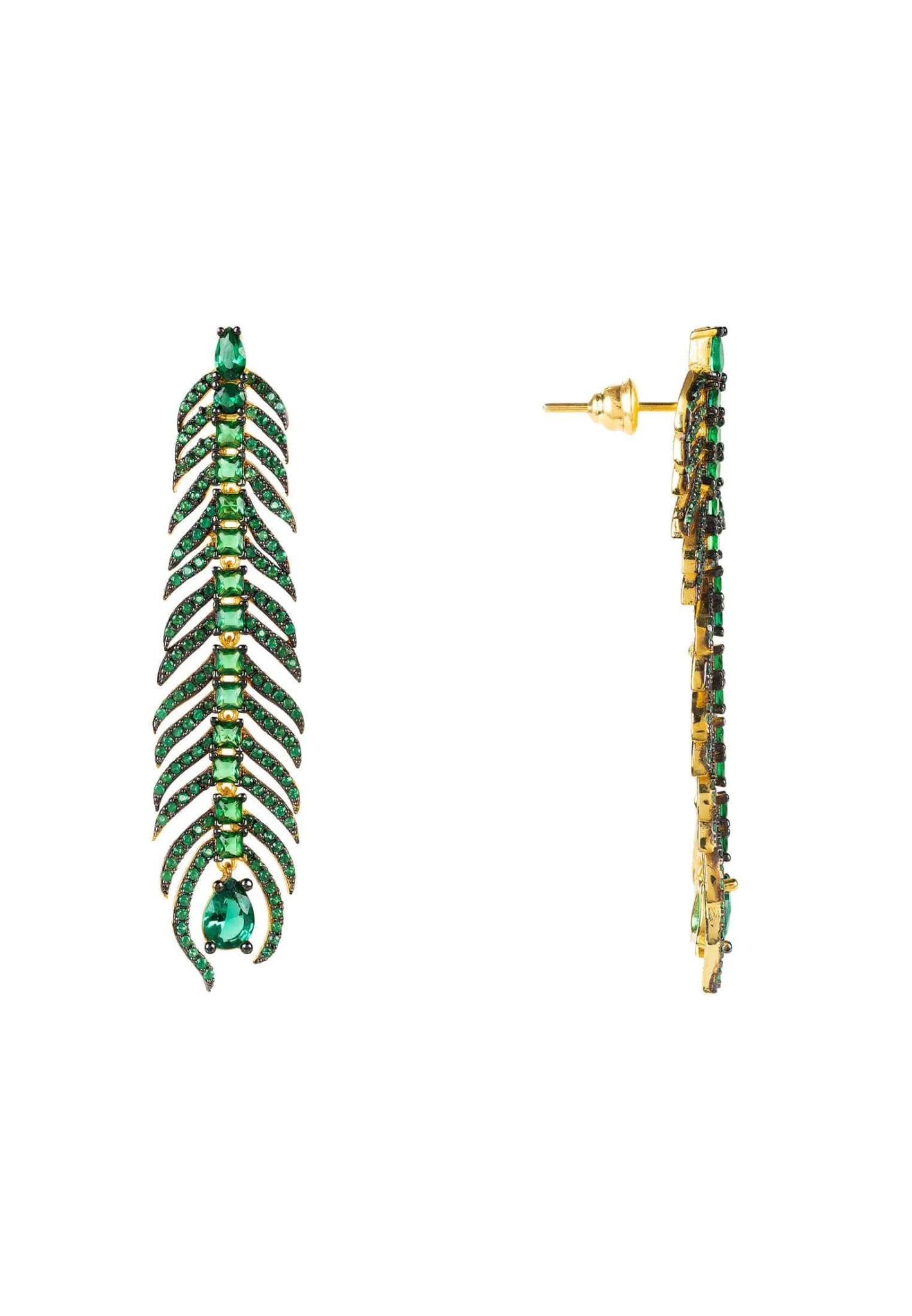 Peacock Feather Elongated Drop Earrings Green Cz - LATELITA Earrings
