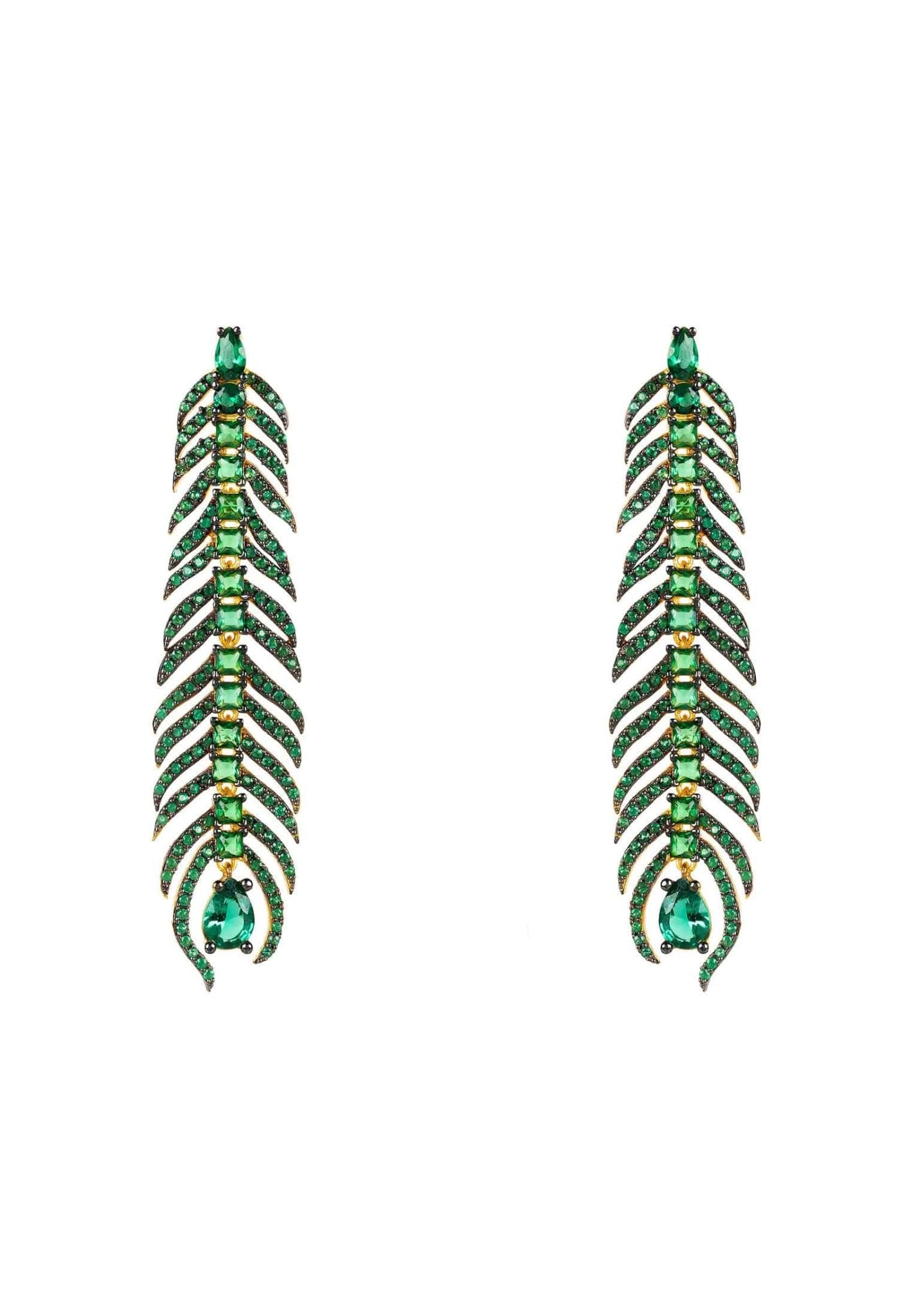 Peacock Feather Elongated Drop Earrings Green Cz - LATELITA Earrings