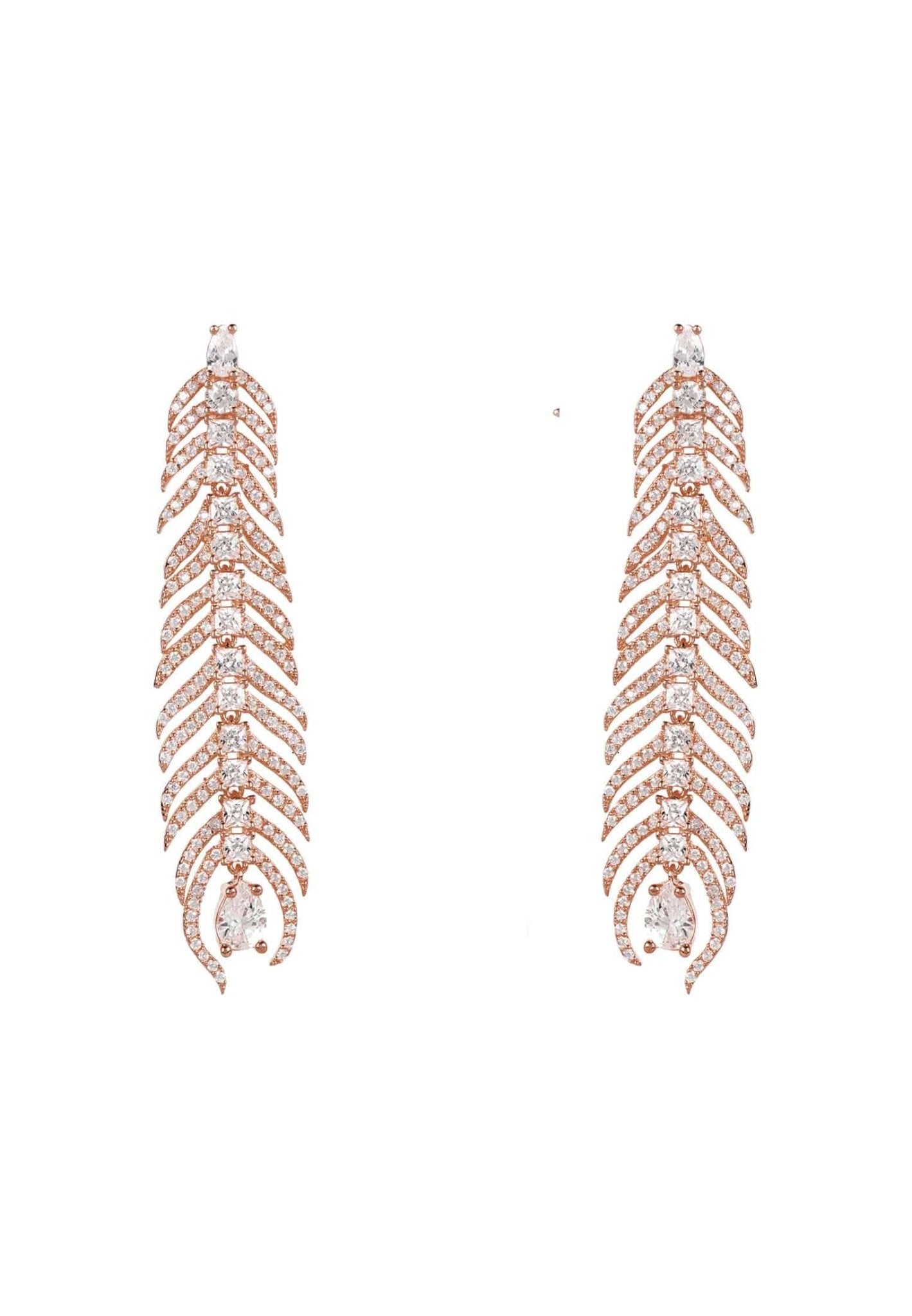 Peacock Feather Elongated Drop Earrings Rosegold - LATELITA Earrings