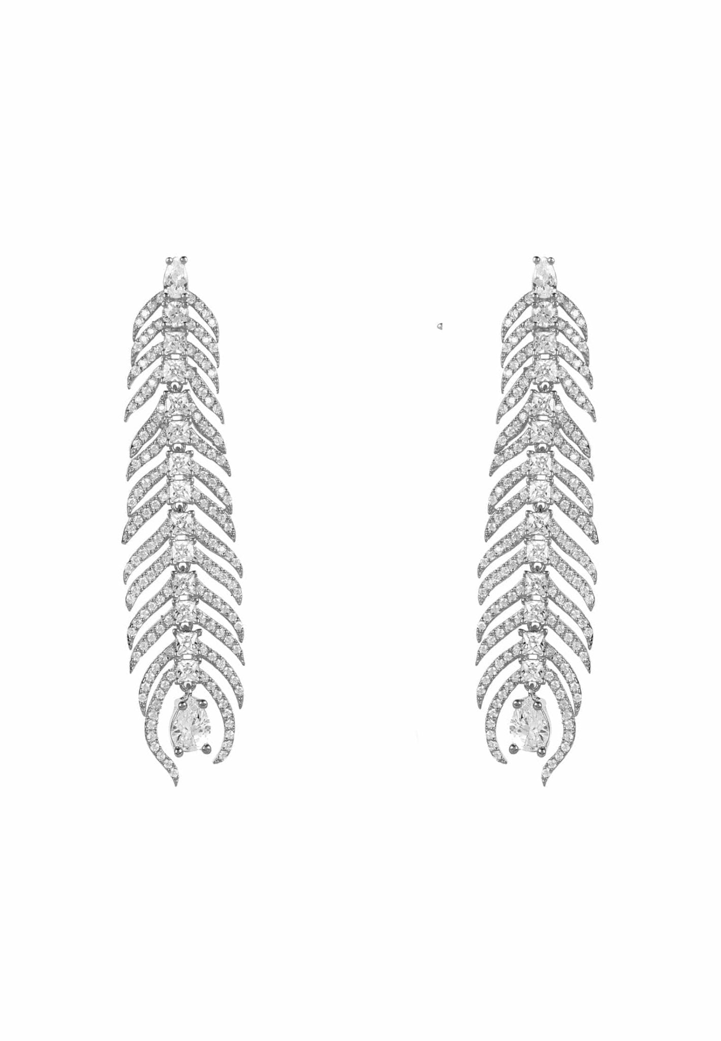 Peacock Feather Elongated Drop Earrings Silver - LATELITA Earrings