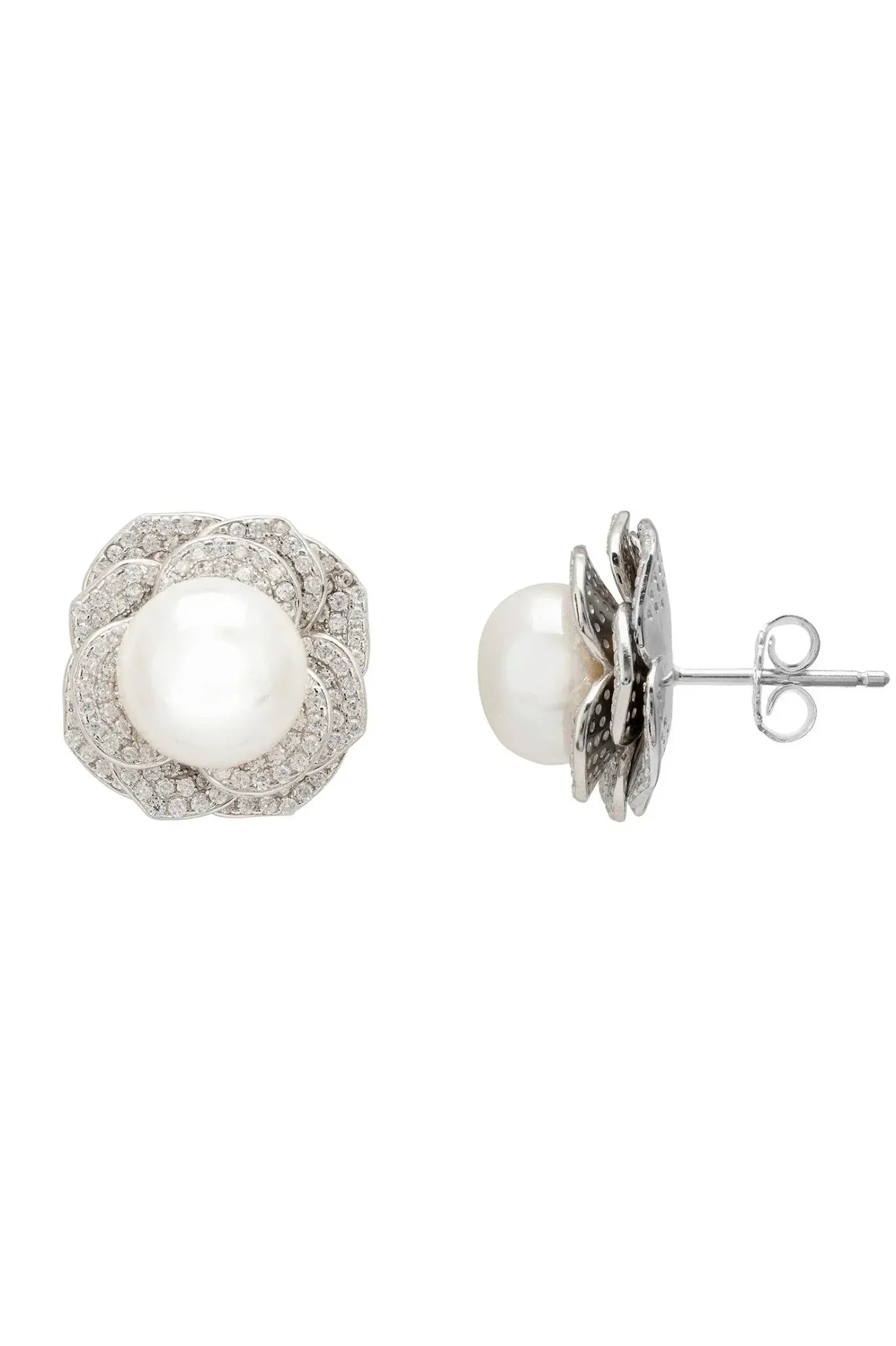 Pearl And Rose Petals Stud Earrings Silver - LATELITA Earrings