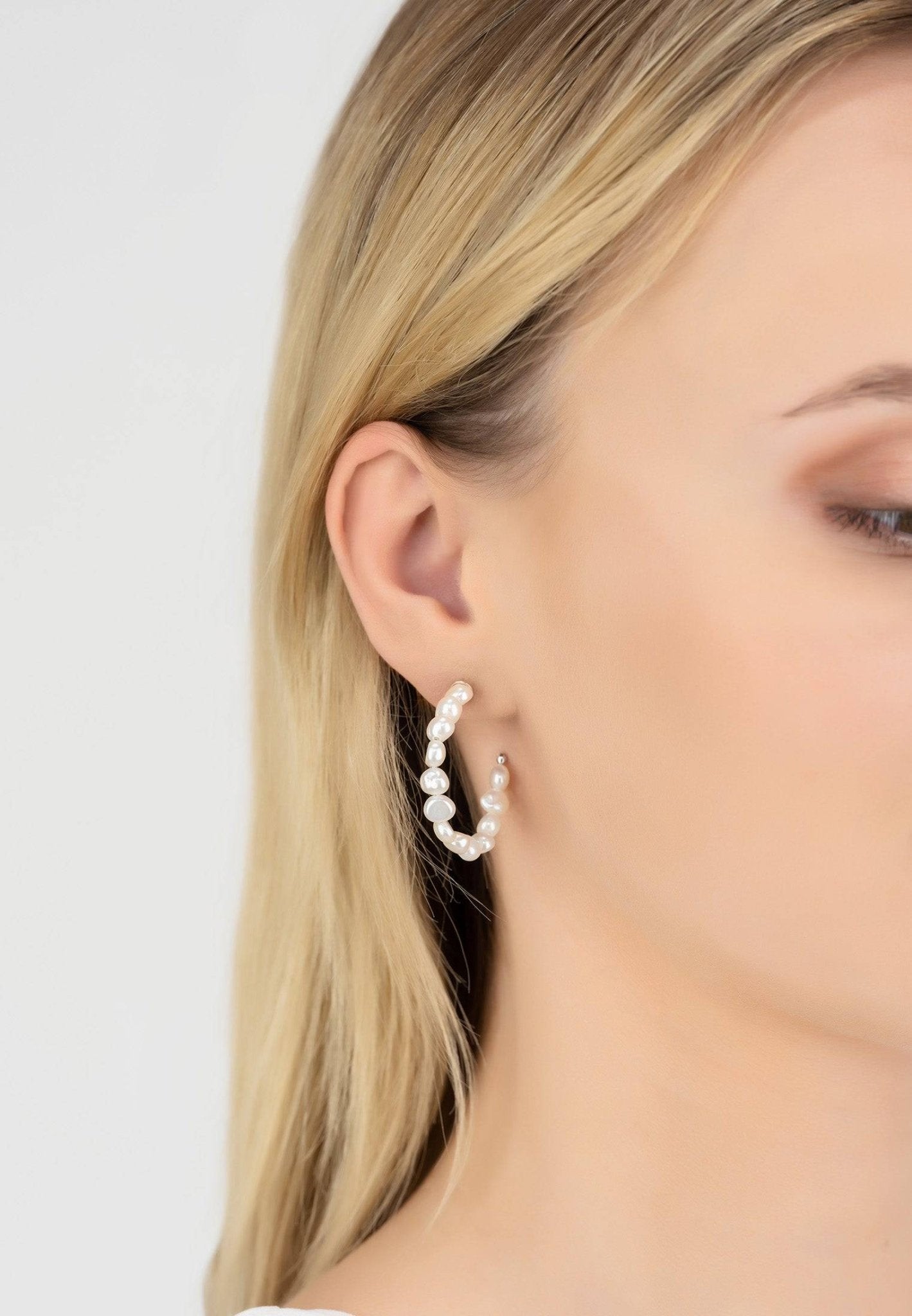 Pearl Beaded Hoop Earrings Silver - LATELITA Earrings