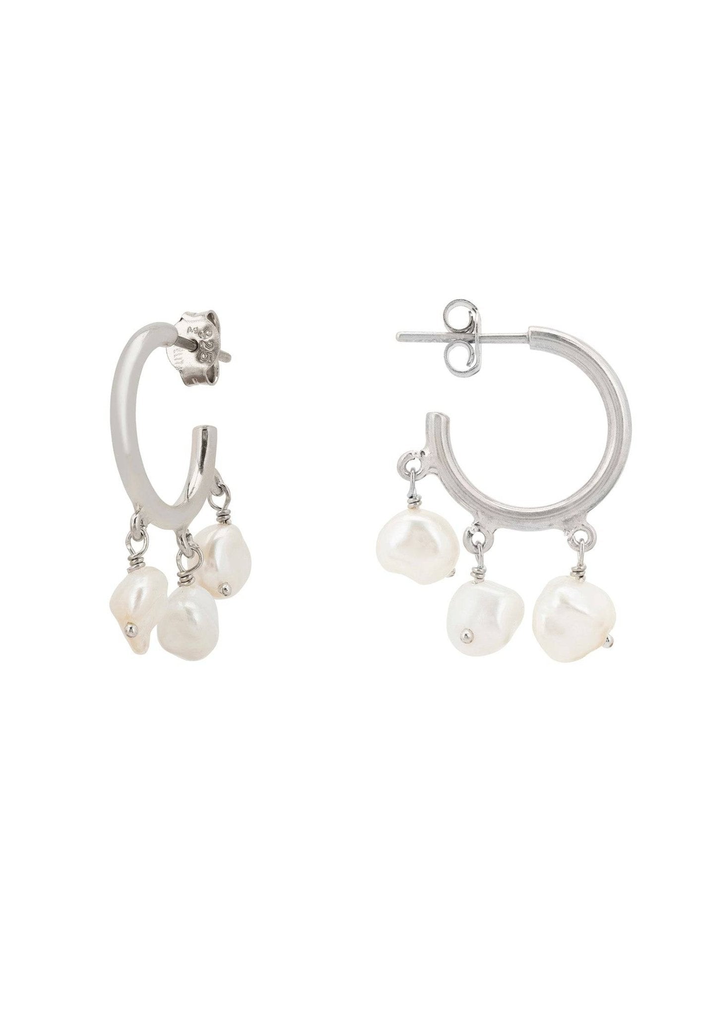 Pearl Cluster Drop Hoop Earrings Silver - LATELITA Earrings
