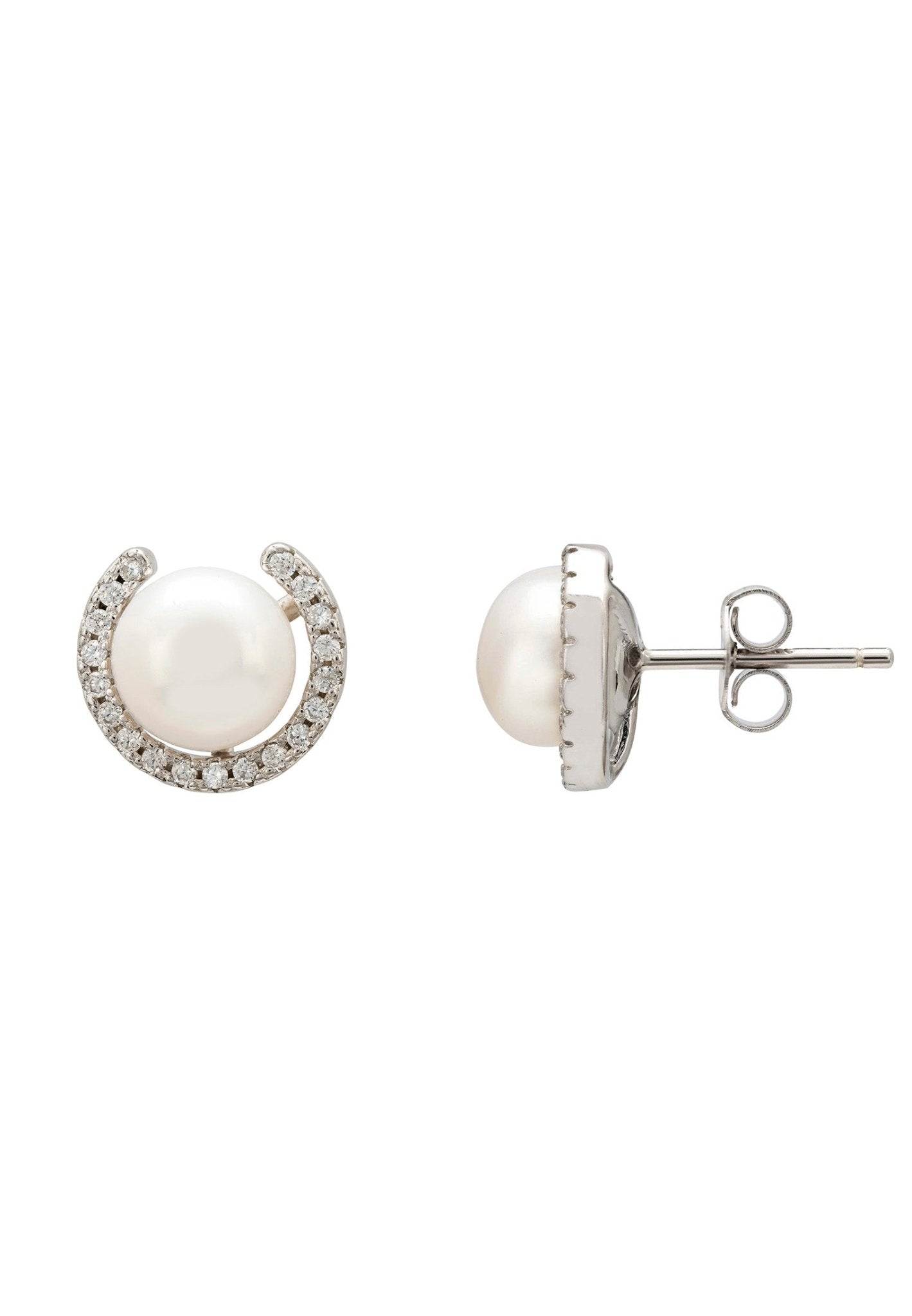 Pearl Half Halo Medium Stud Earrings Silver - LATELITA Earrings