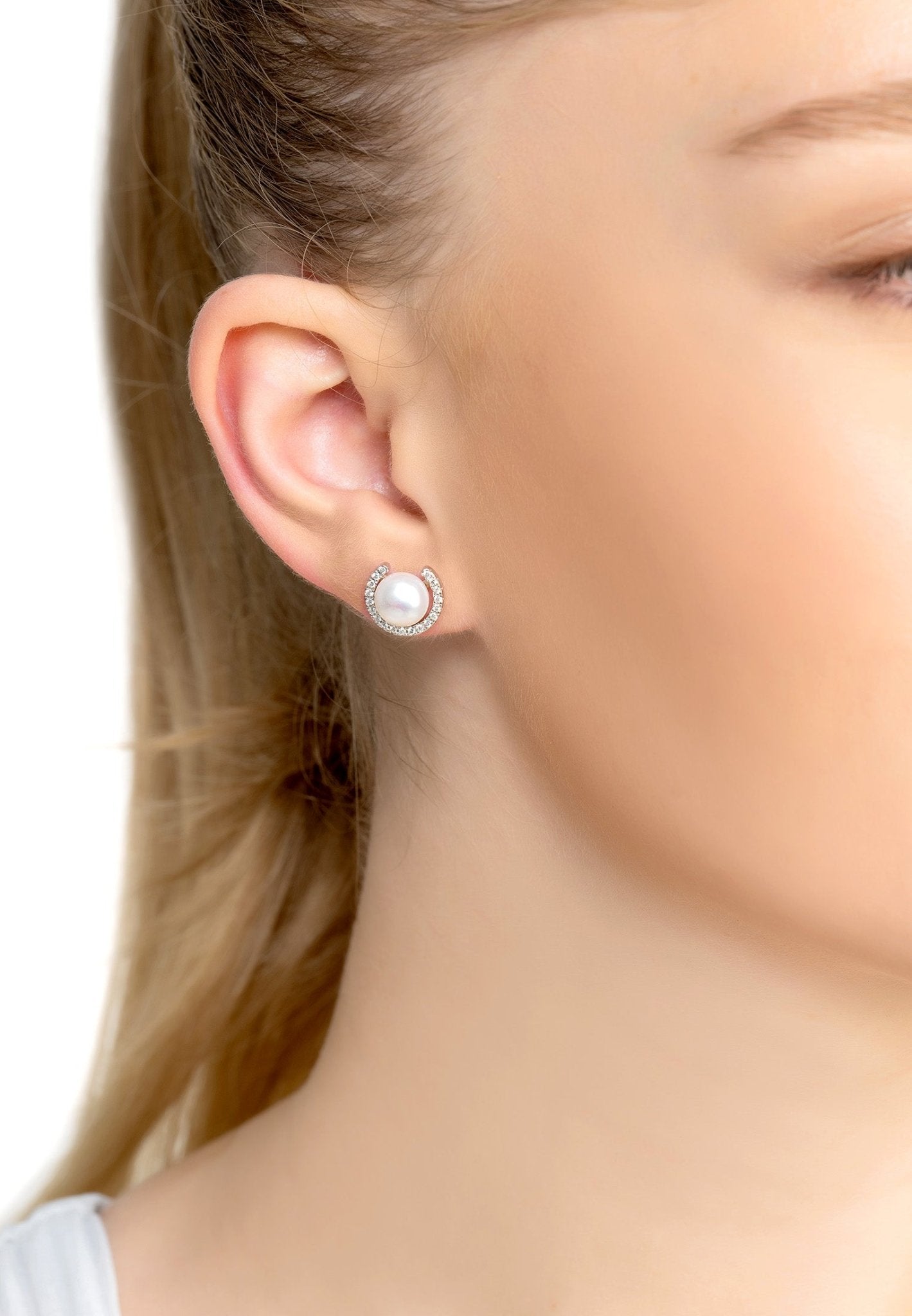 Pearl Half Halo Medium Stud Earrings Silver - LATELITA Earrings