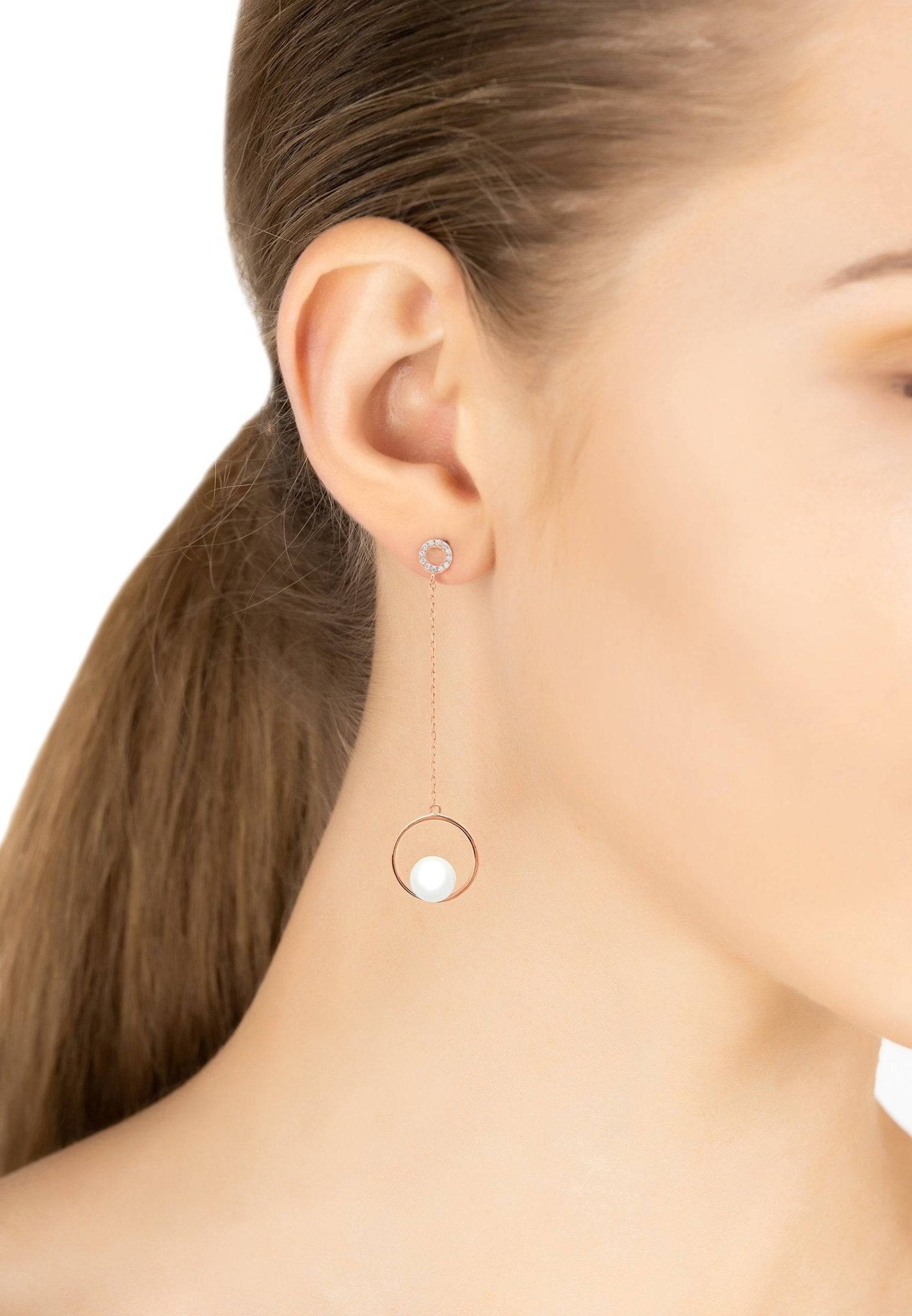 Pearl In Halo Long Chain Drop Earrings Rosegold - LATELITA Earrings