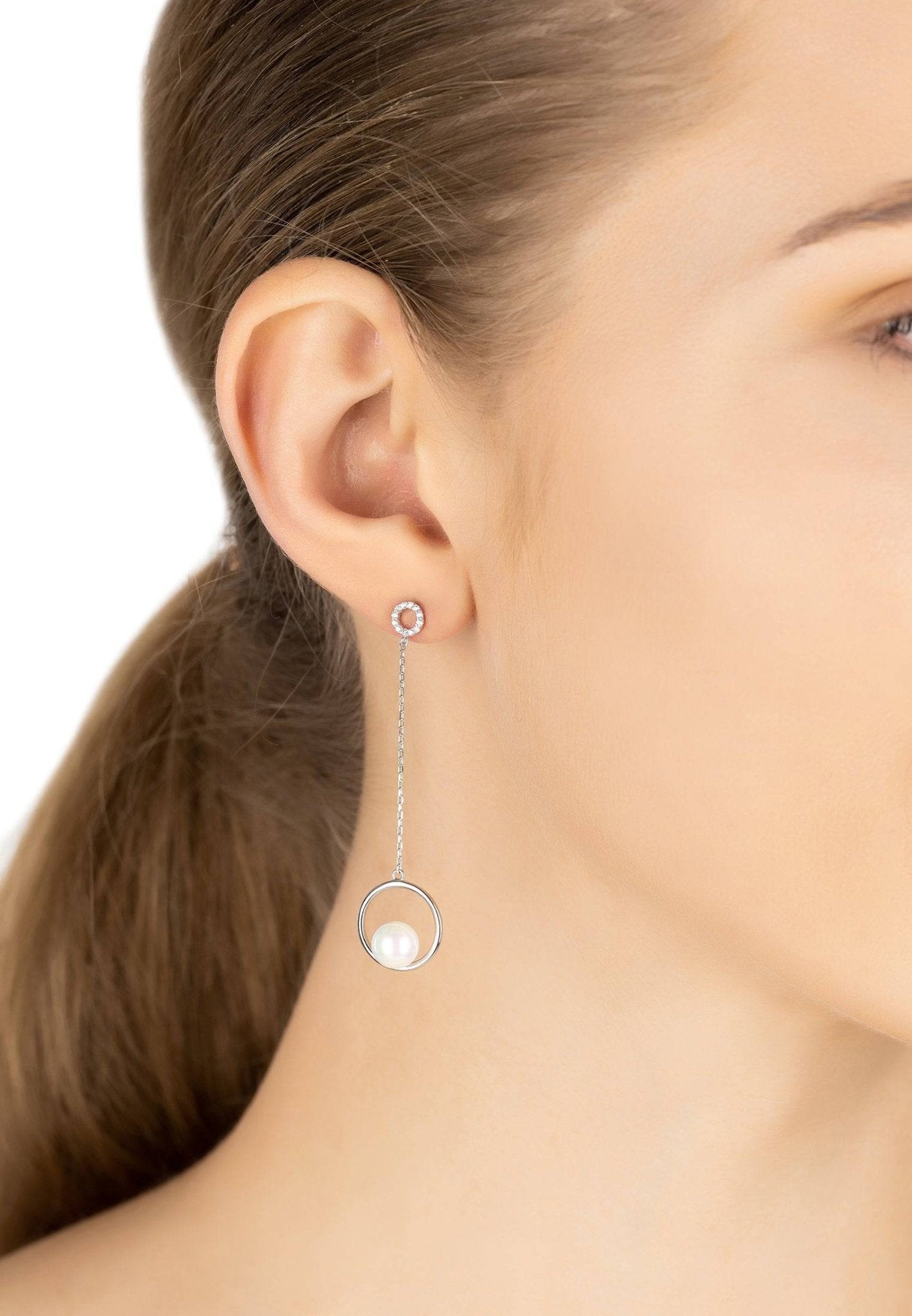 Pearl In Halo Long Chain Drop Earrings Silver - LATELITA Earrings