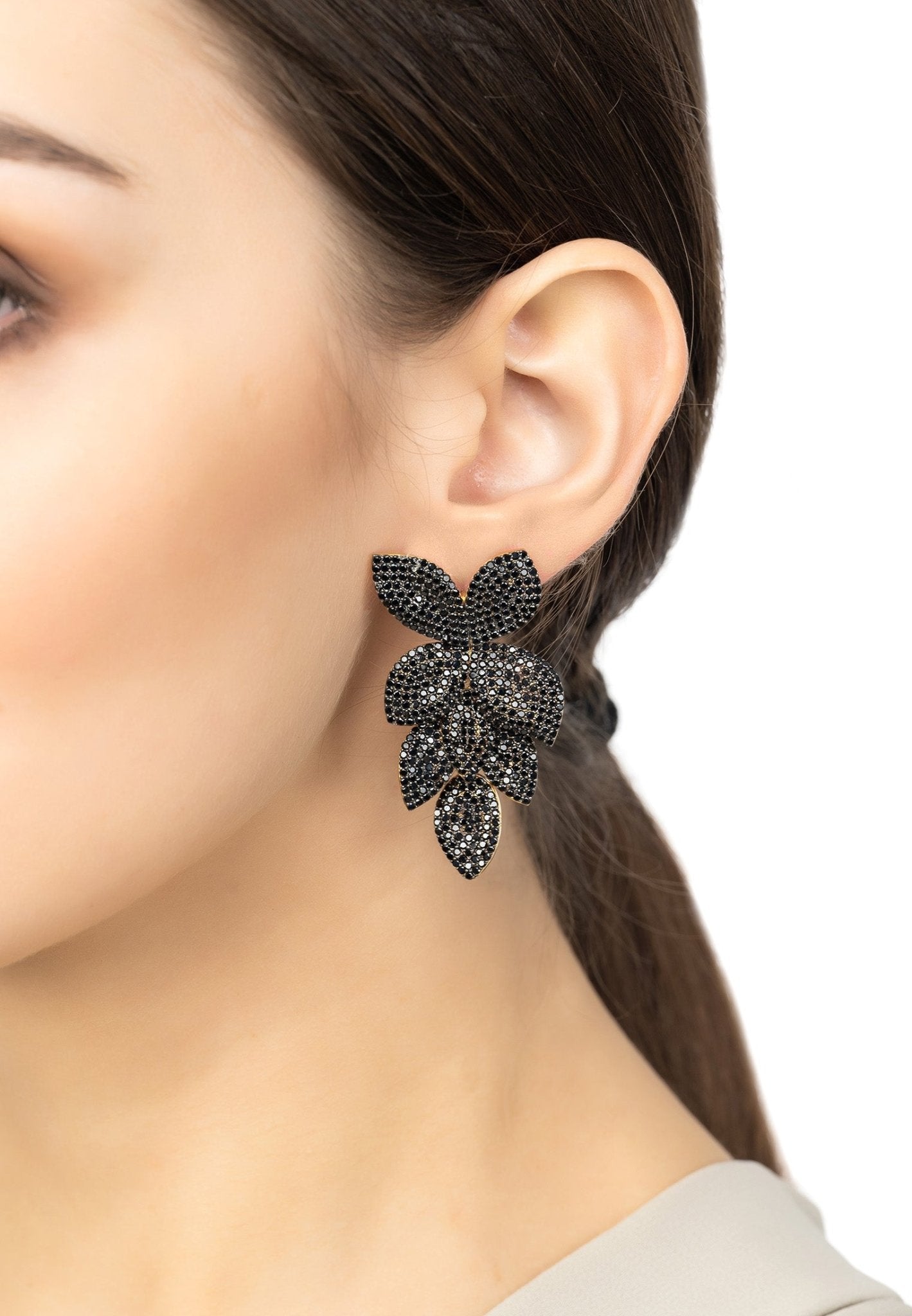 Petal Cascading Flower Earrings Gold Black Cz - LATELITA Earrings