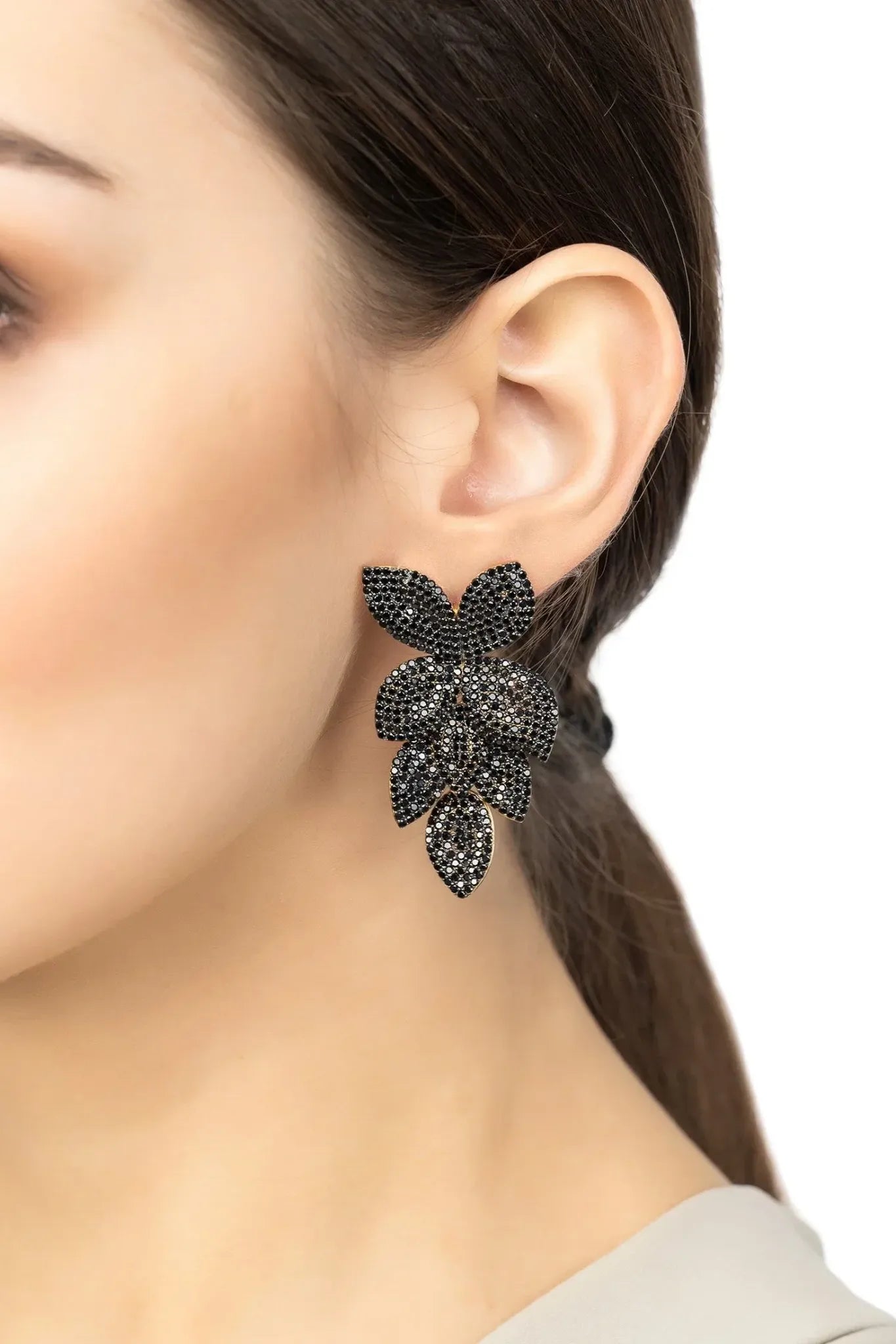 Petal Cascading Flower Earrings Gold Black Cz - LATELITA Earrings