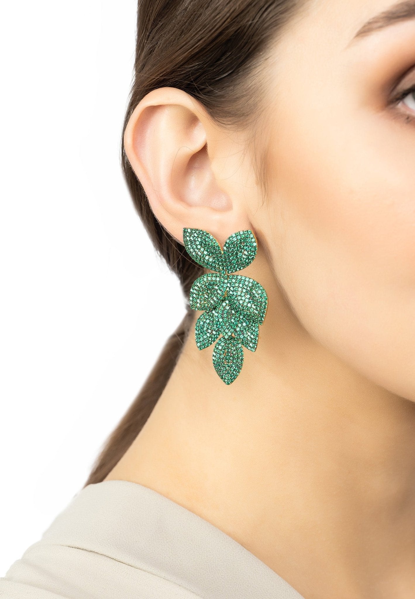 Petal Cascading Flower Earrings Gold Emerald Green - LATELITA Earrings