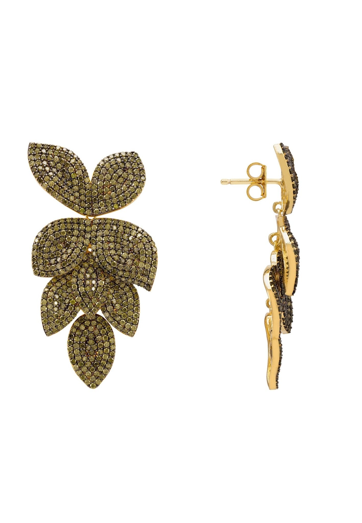 Petal Cascading Flower Earrings Gold Peridot Cz - LATELITA Earrings