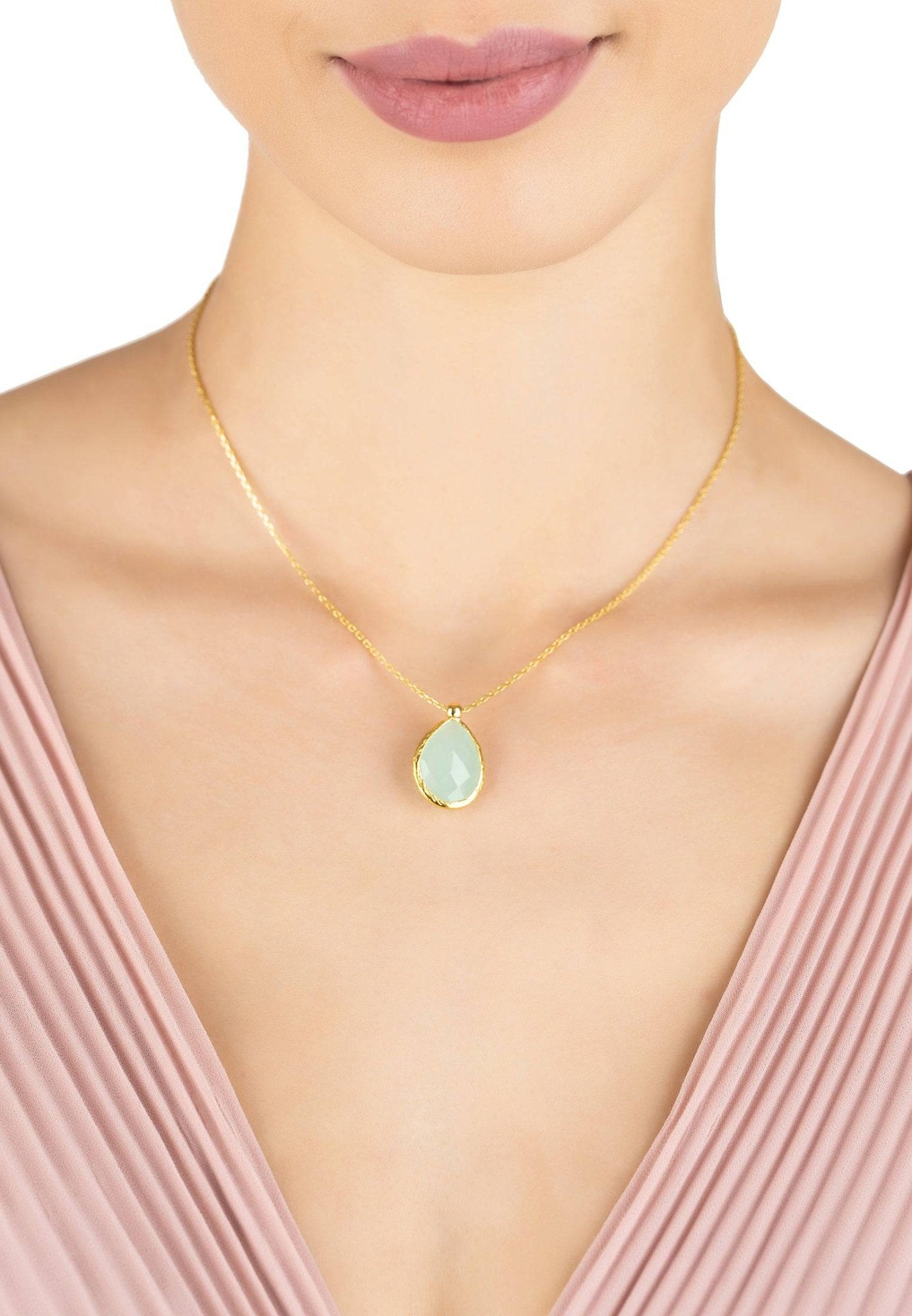 Petite Drop Necklace Gold Aqua Chalcedony - LATELITA Necklaces