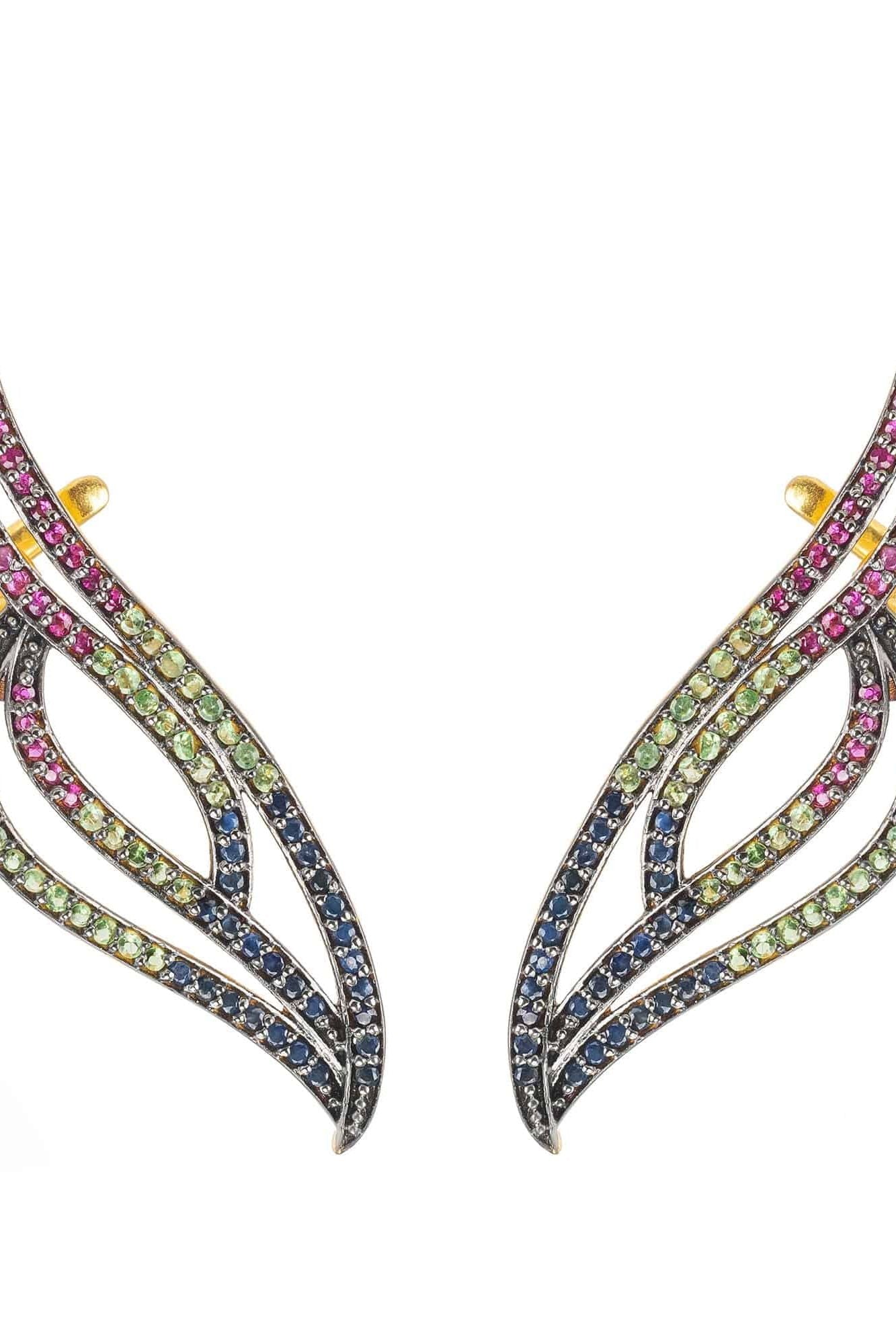 Phoenix Ear Climber Ruby Sapphire Tsavorite Gold - LATELITA Earrings