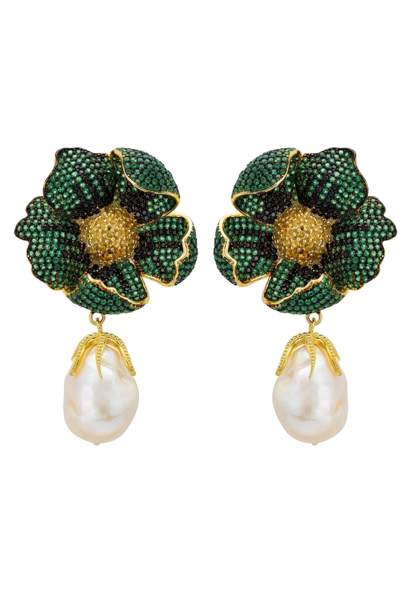 Poppy Flower Baroque Pearl Earrings Emerald Green Gold - LATELITA Earrings
