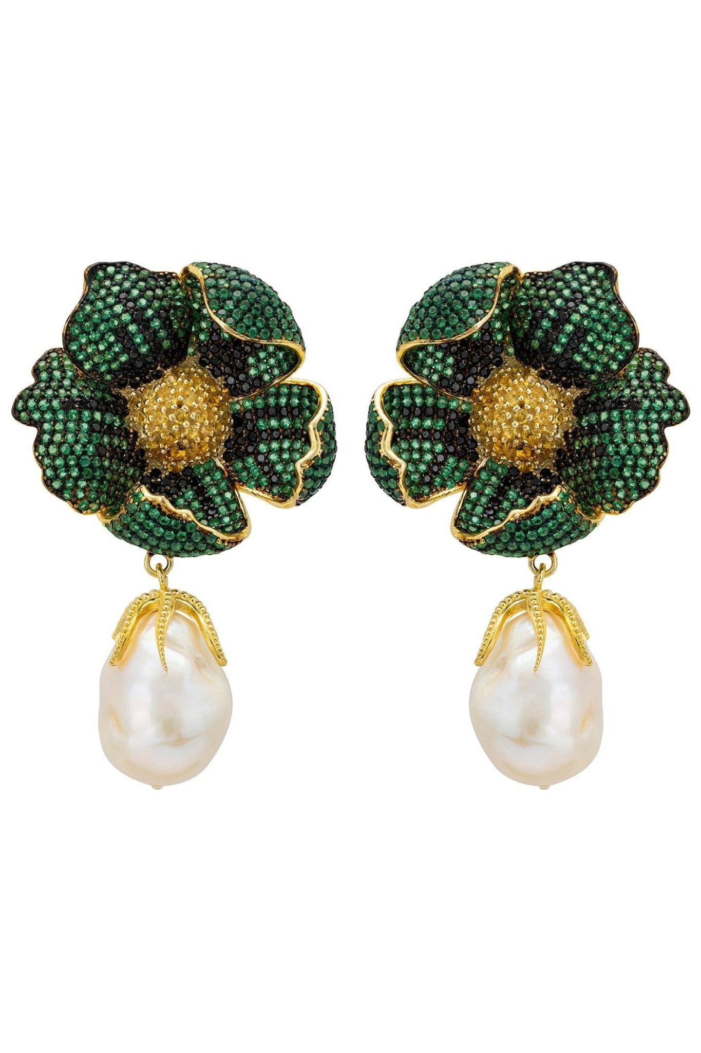 Poppy Flower Baroque Pearl Earrings Emerald Green Gold - LATELITA Earrings
