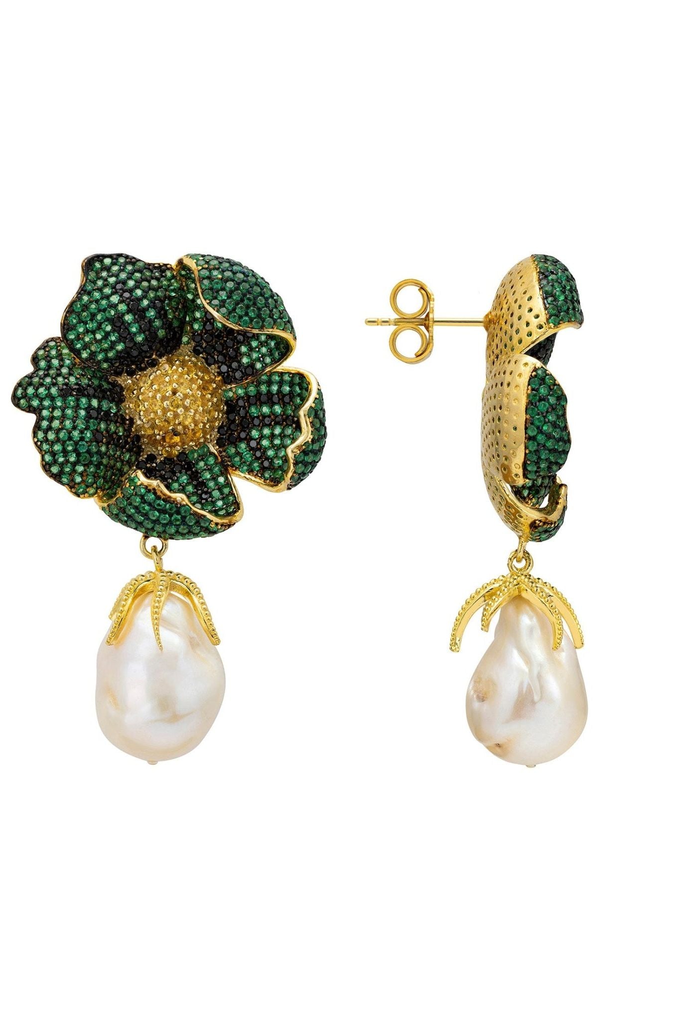 Poppy Flower Baroque Pearl Earrings Emerald Green Gold - LATELITA Earrings