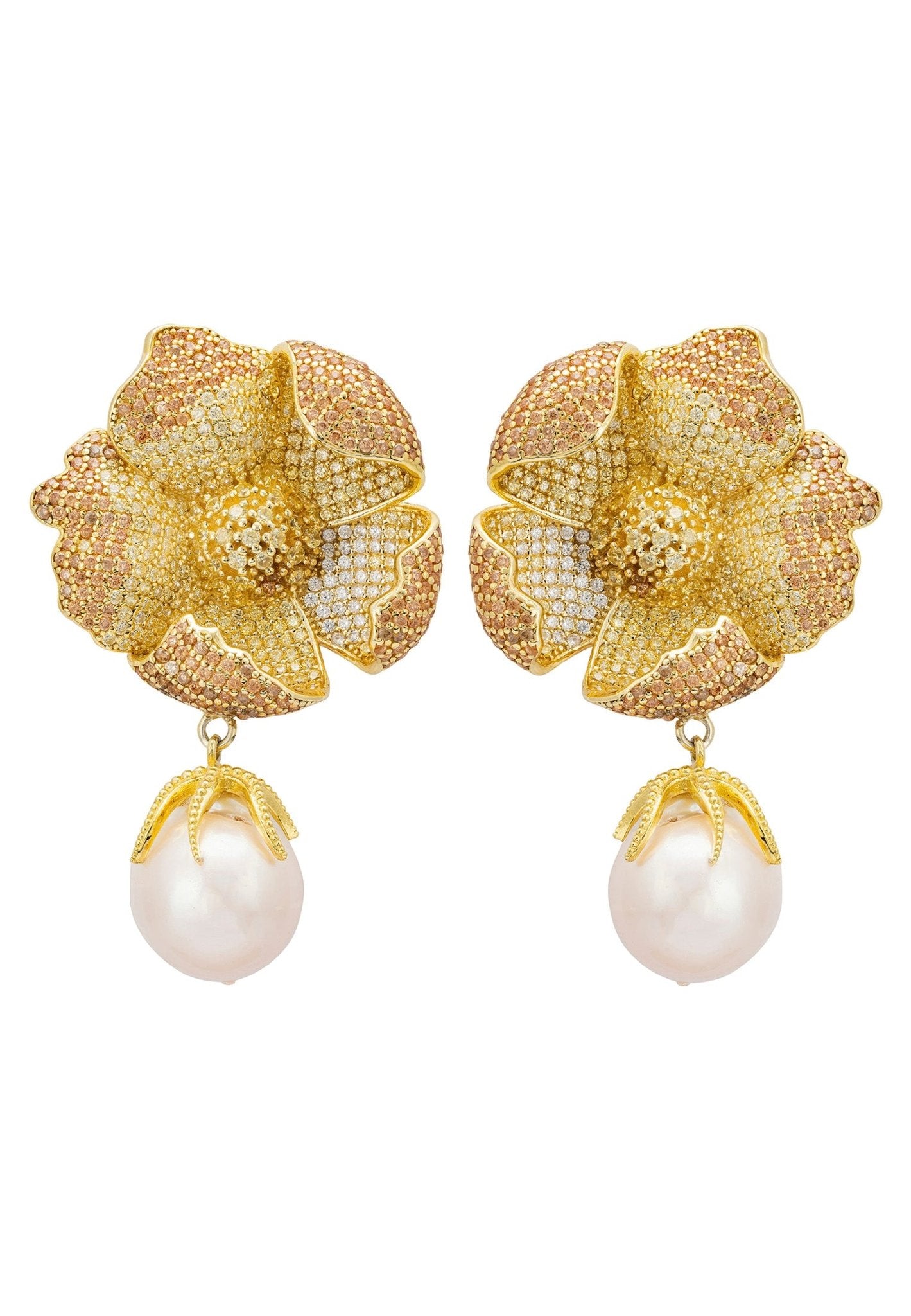 Poppy Flower Baroque Pearl Earrings Lemon Gold - LATELITA Earrings