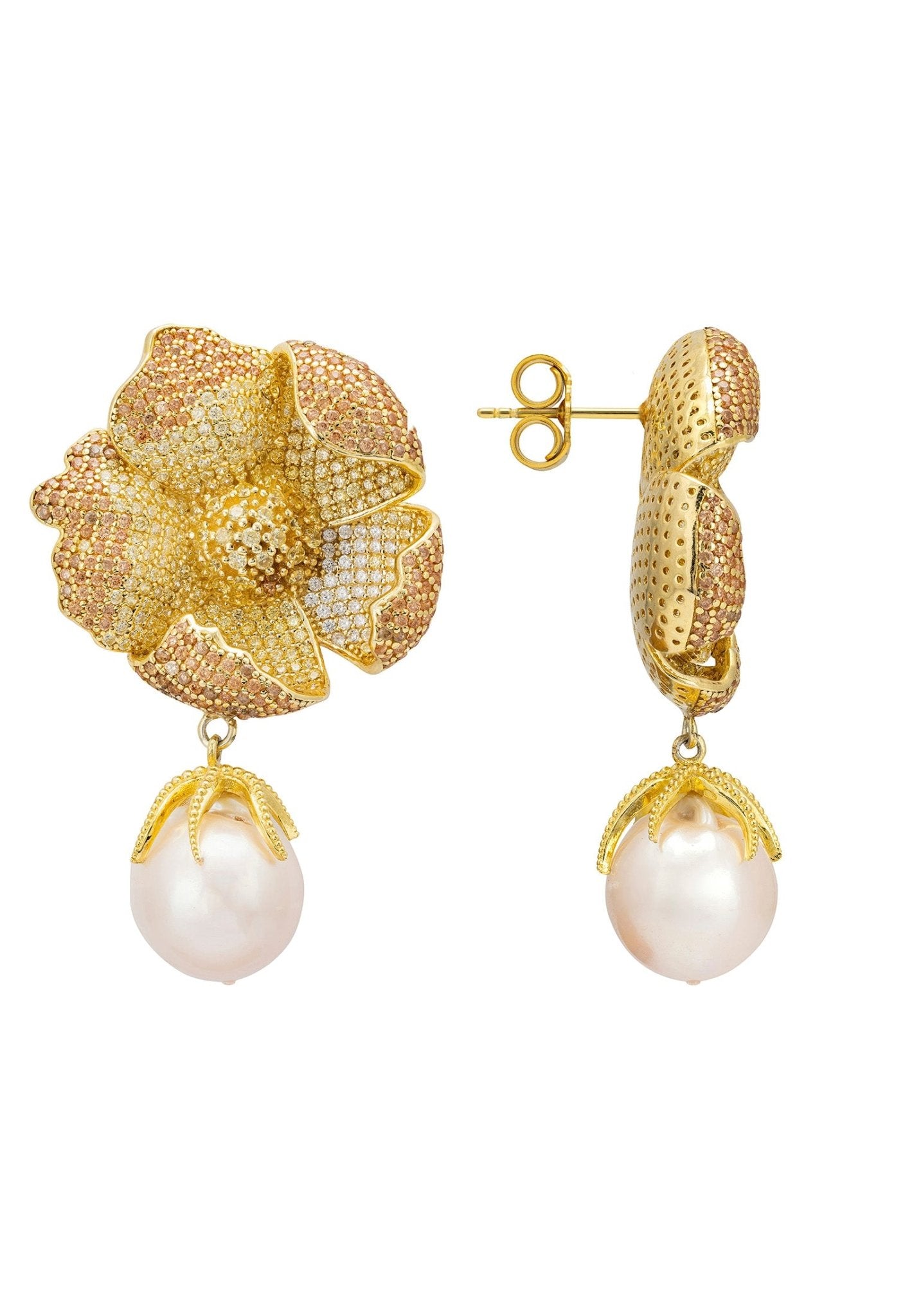 Poppy Flower Baroque Pearl Earrings Lemon Gold - LATELITA Earrings