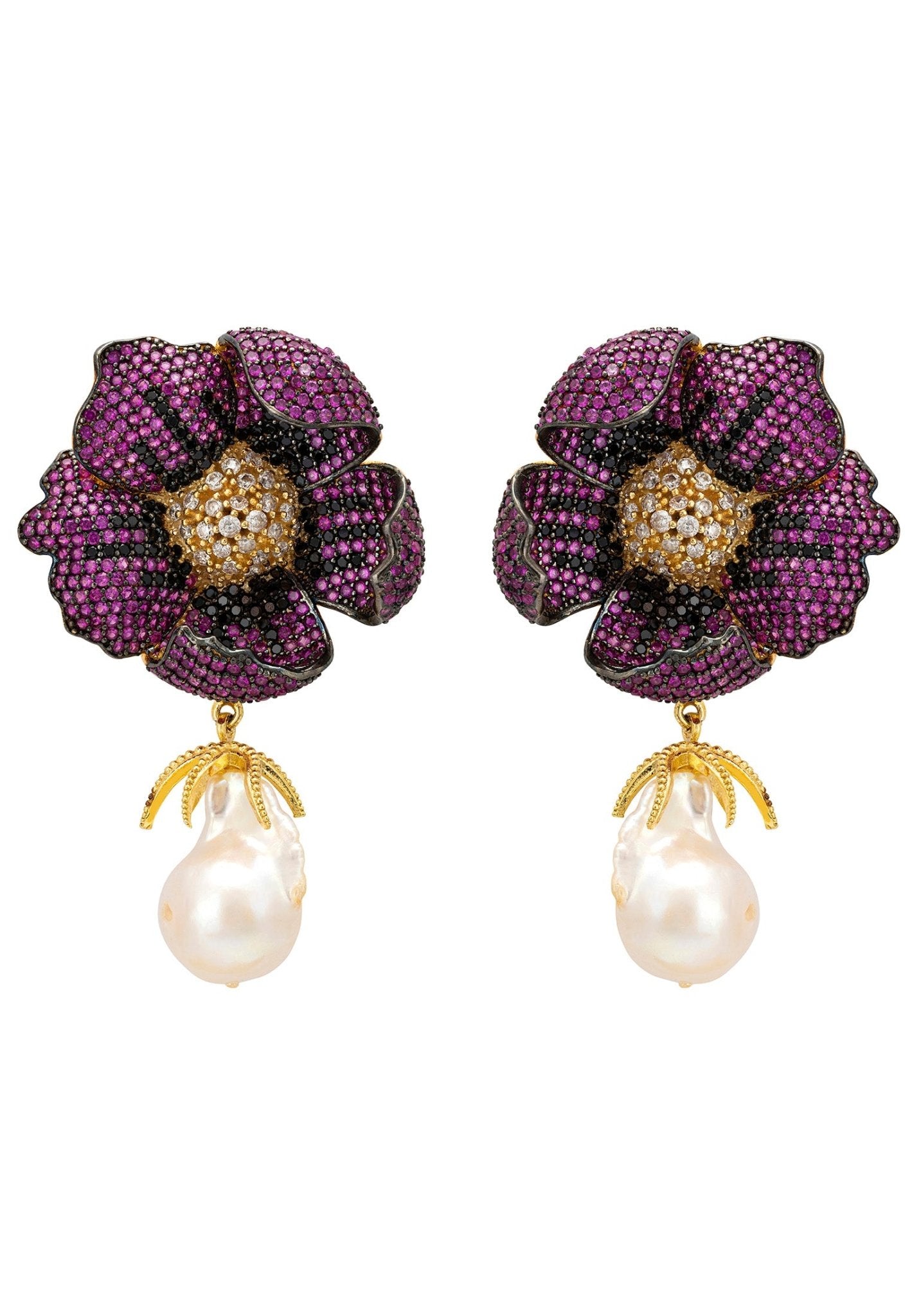 Poppy Flower Baroque Pearl Earrings Ruby Red Gold - LATELITA Earrings