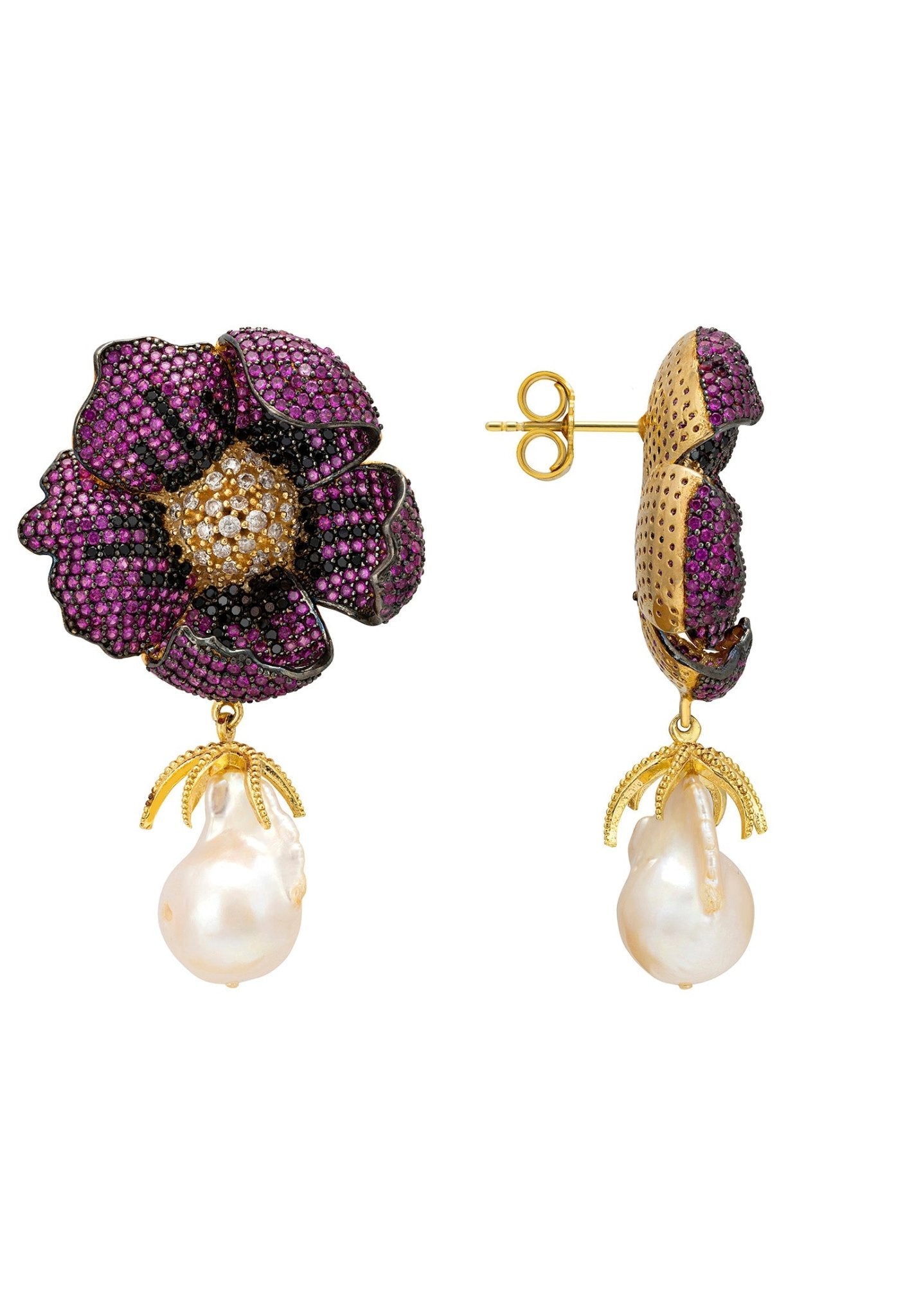 Poppy Flower Baroque Pearl Earrings Ruby Red Gold - LATELITA Earrings