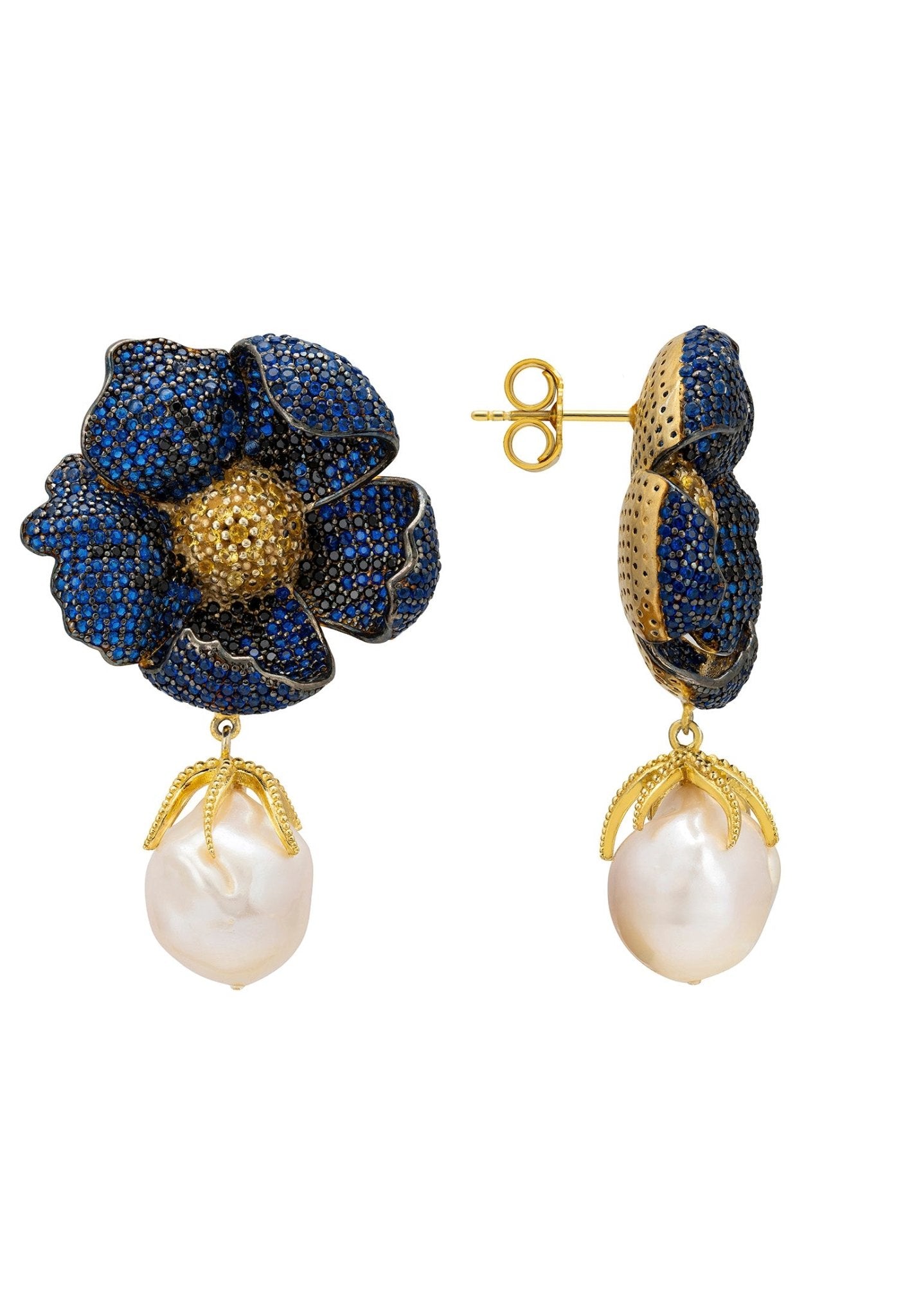 Poppy Flower Baroque Pearl Earrings Sapphire Blue Gold - LATELITA Earrings