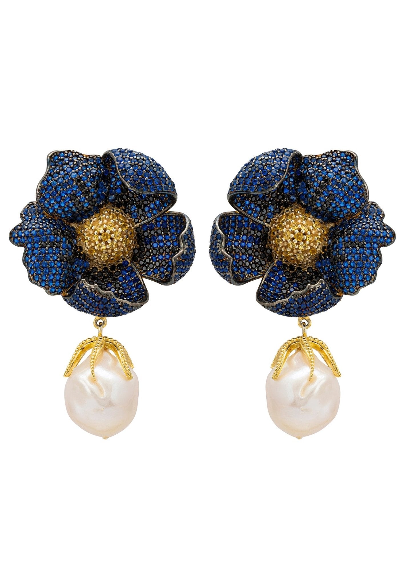 Poppy Flower Baroque Pearl Earrings Sapphire Blue Gold - LATELITA Earrings