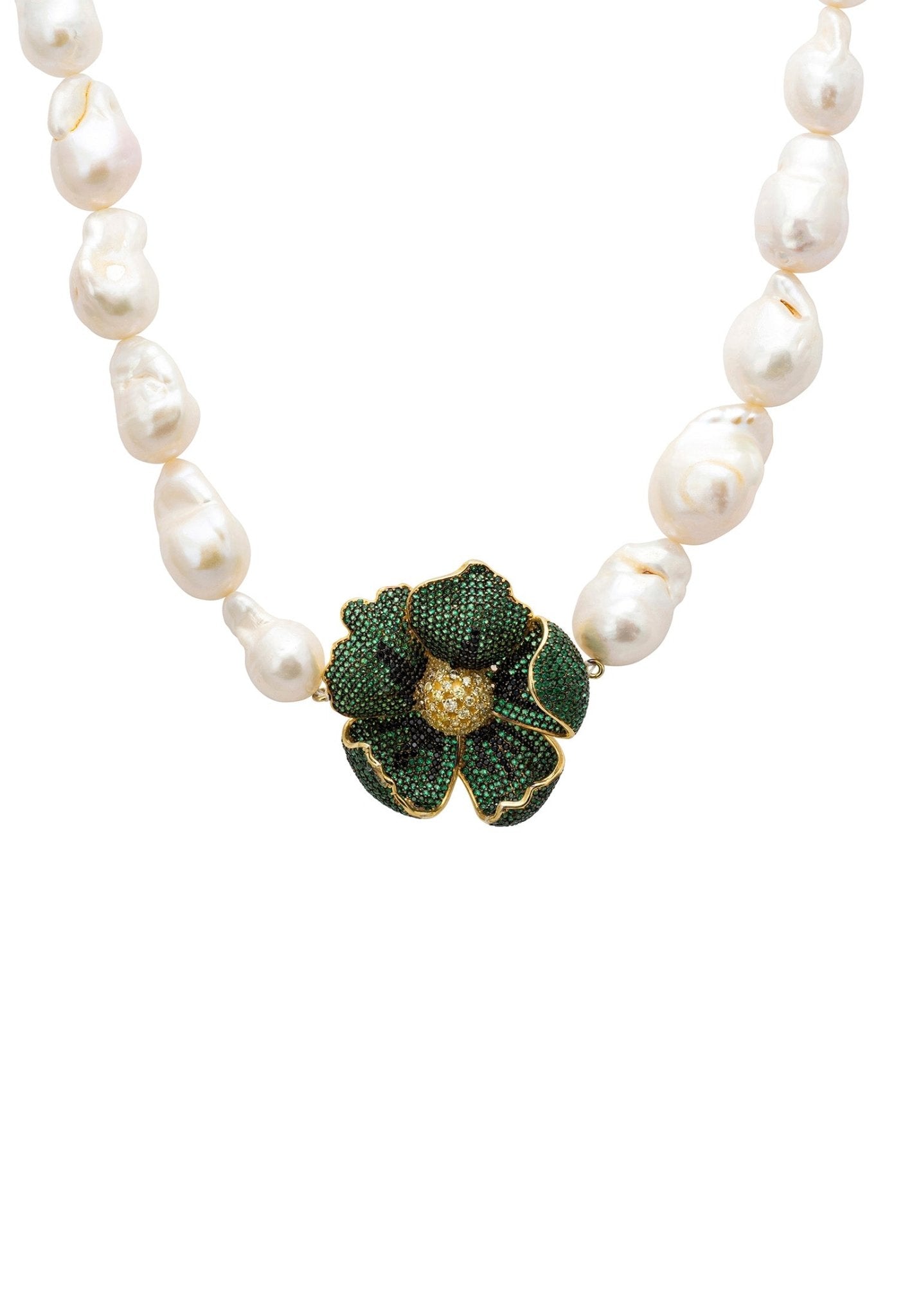 Poppy Flower Baroque Pearl Necklace Emerald Green Gold - LATELITA Necklaces