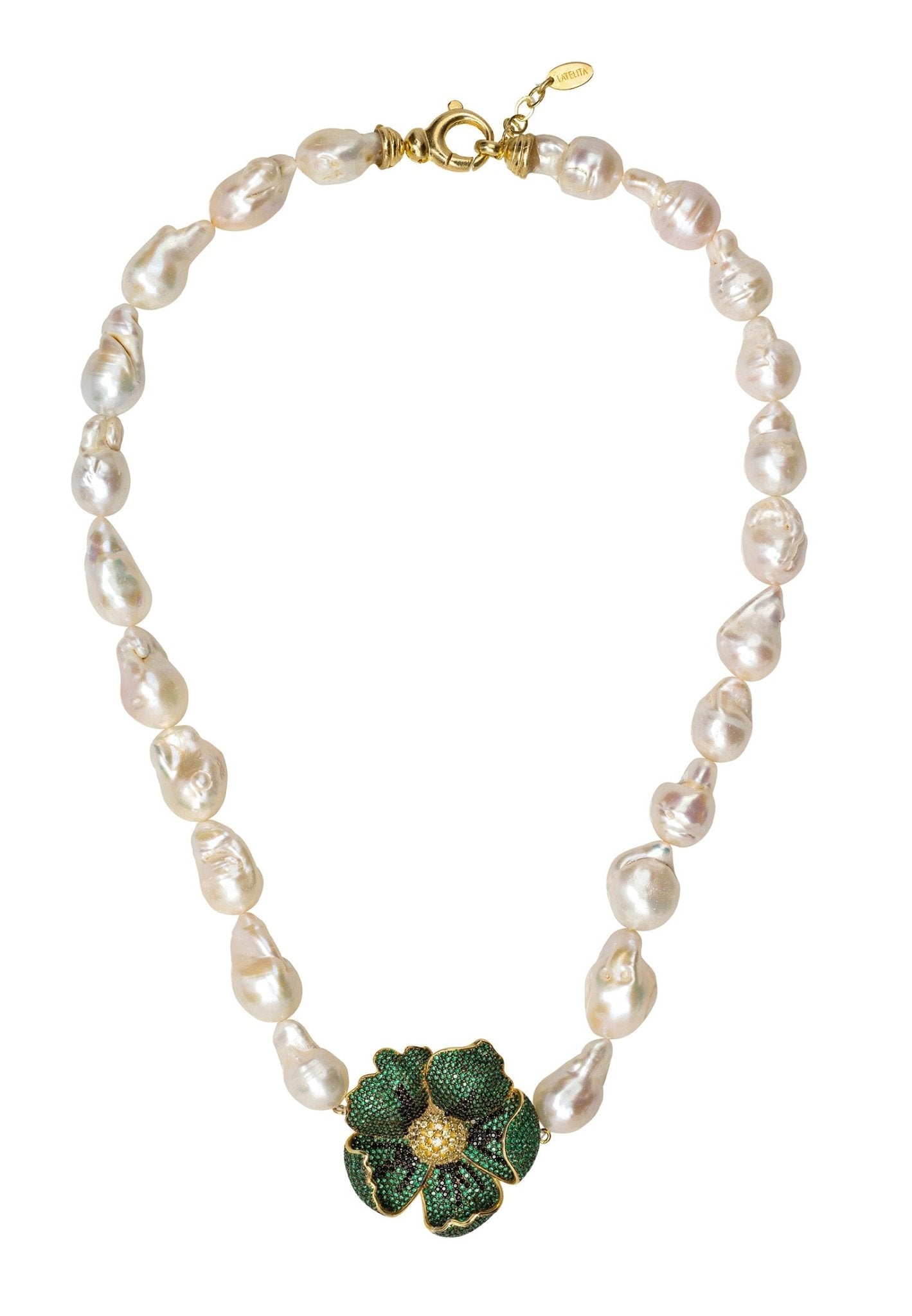 Poppy Flower Baroque Pearl Necklace Emerald Green Gold - LATELITA Necklaces