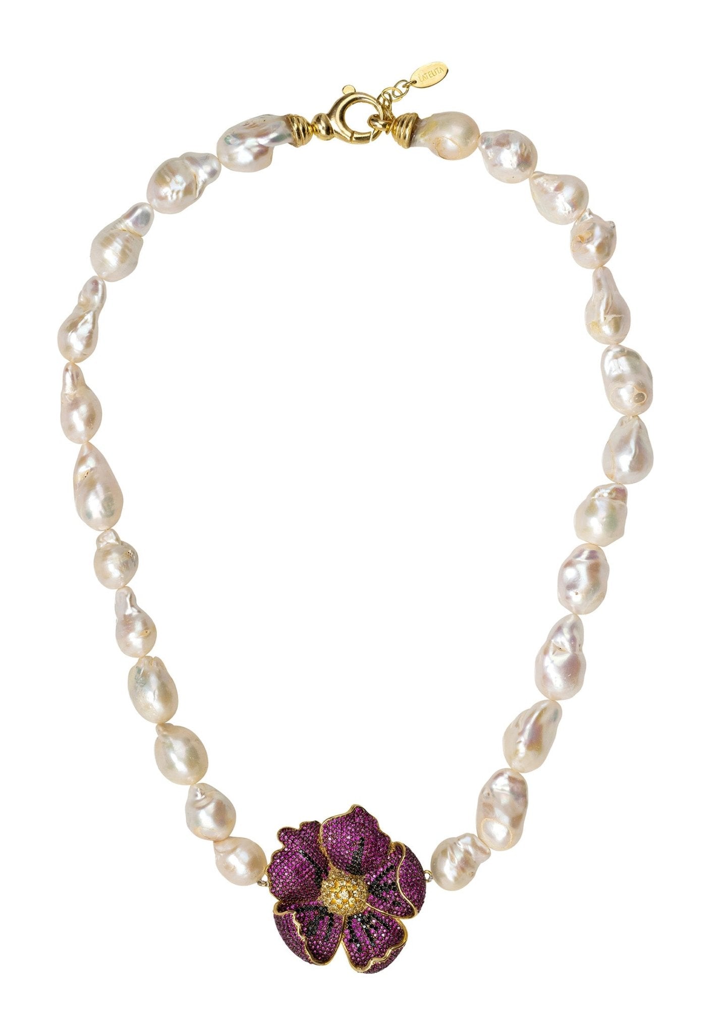 Poppy Flower Baroque Pearl Necklace Ruby Red Gold - LATELITA Necklaces