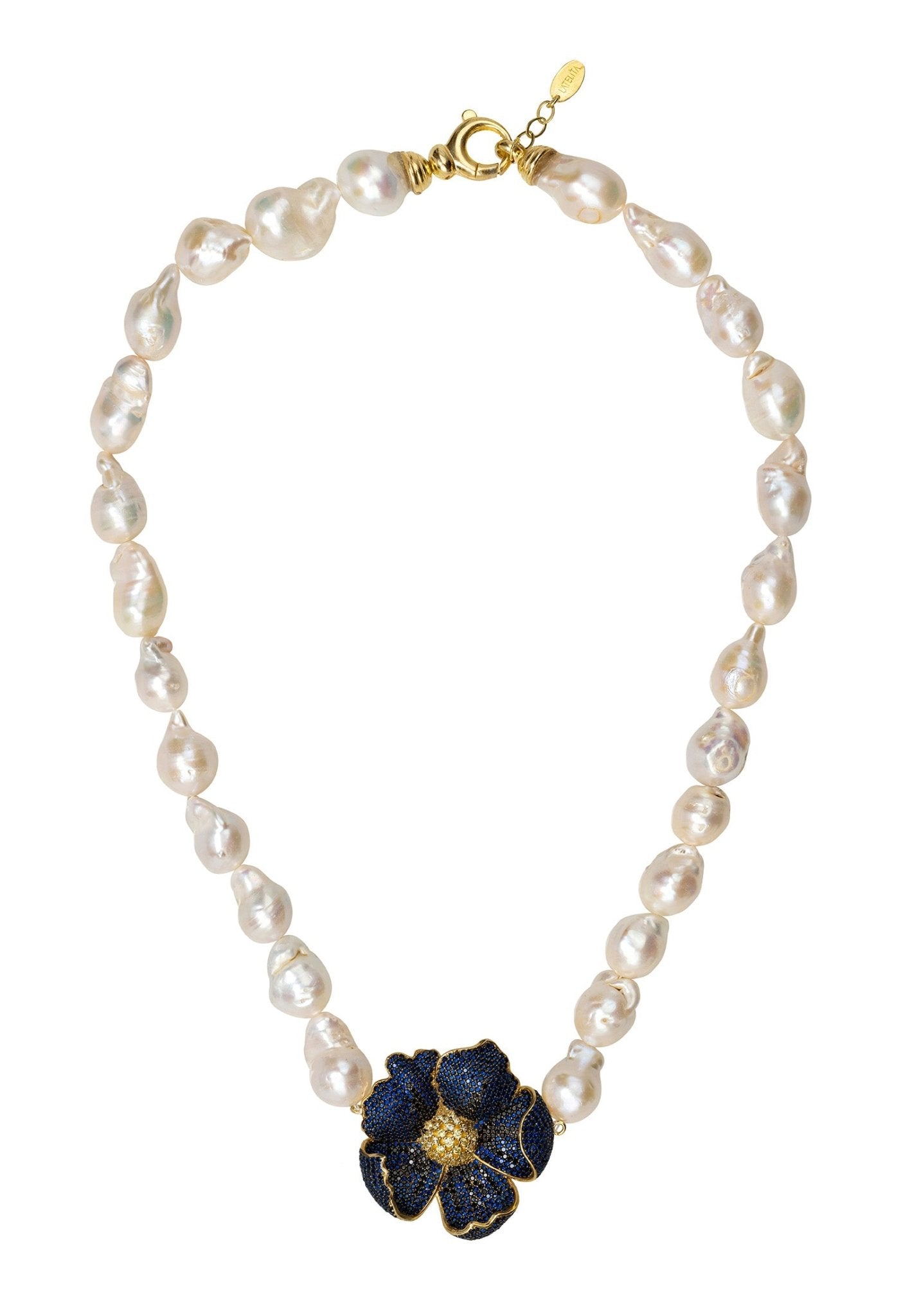 Poppy Flower Baroque Pearl Necklace Sapphire Blue Gold - LATELITA Necklaces
