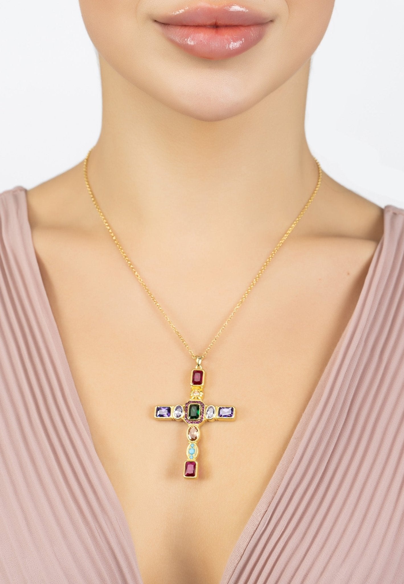 Santa Maria Extra Large Gemstone Cross Pendant Gold - LATELITA Necklaces